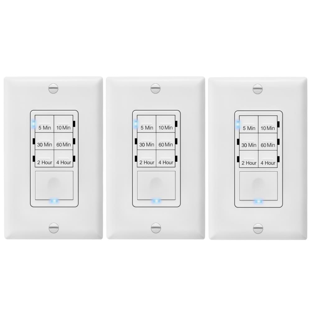 Enerlites 4-Hour Countdown Timer Switch, 5-10-30-60 Min, 2-4 Hour, For Bathroom Fans, Heaters, Lights, LED Indicator, 120VAC 800W, No Neutral Wire Required, UL Listed, HET06-J-WWP3P, White, 3 Pack