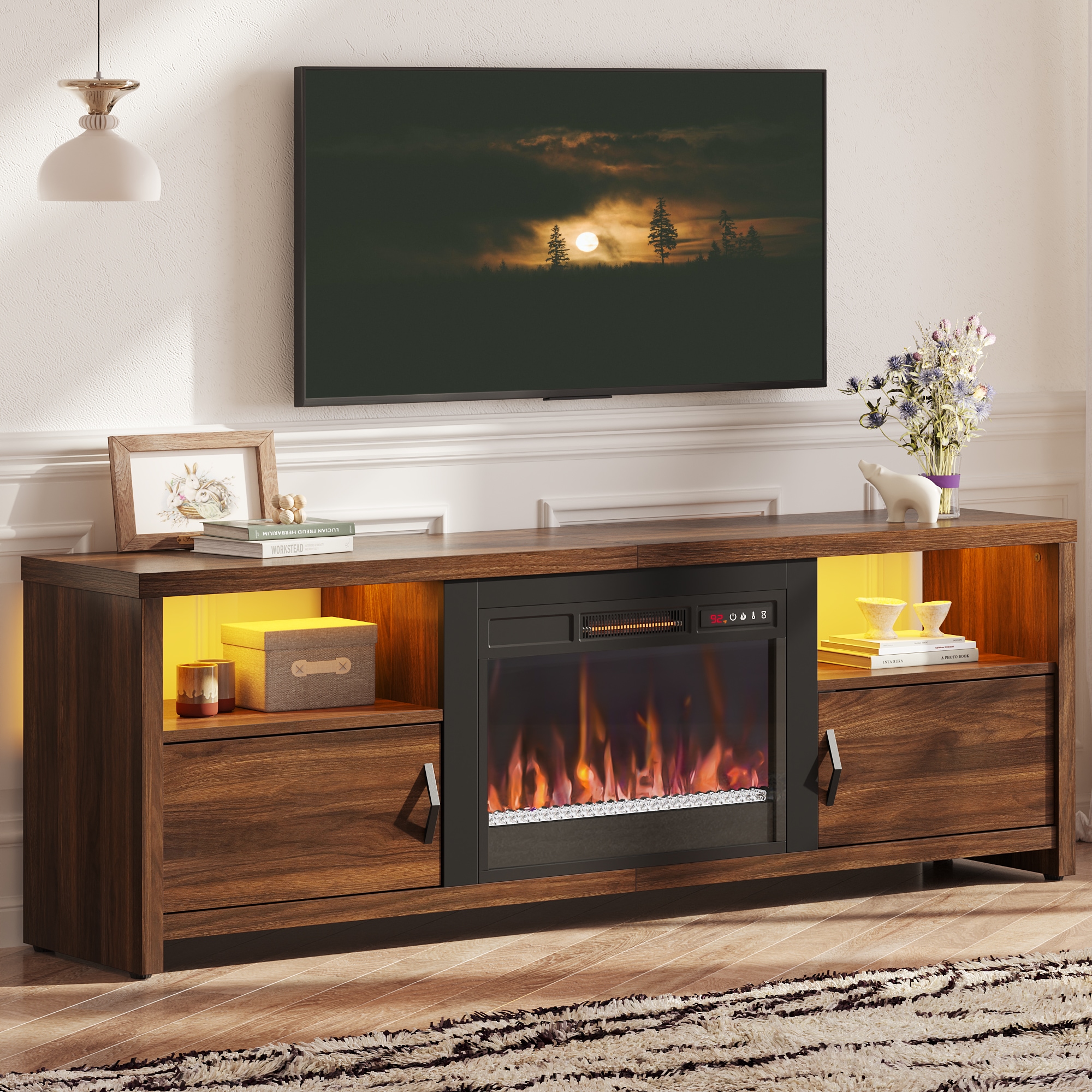 Bestier 70.87-in W Walnut LED Firepalce TV Stand Fits TVs Up to 75 inches Entertainment Center with Fireplace and Wireless remote control