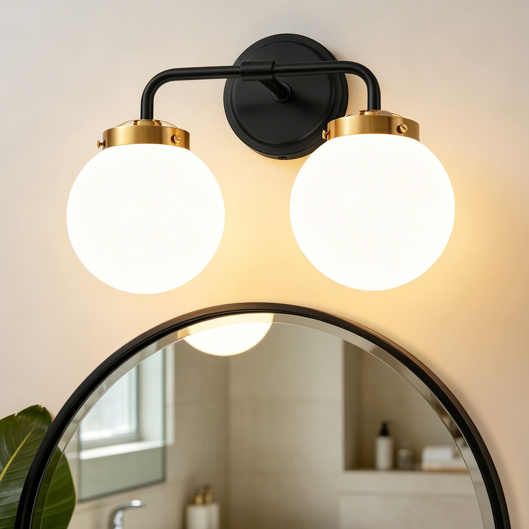 Lanmate  2 Light Black Gold Bathroom Vanity Light Fixture with Milky White Frosted Glass Globe Shades Bath Mirror Vanity Light 14.17-in