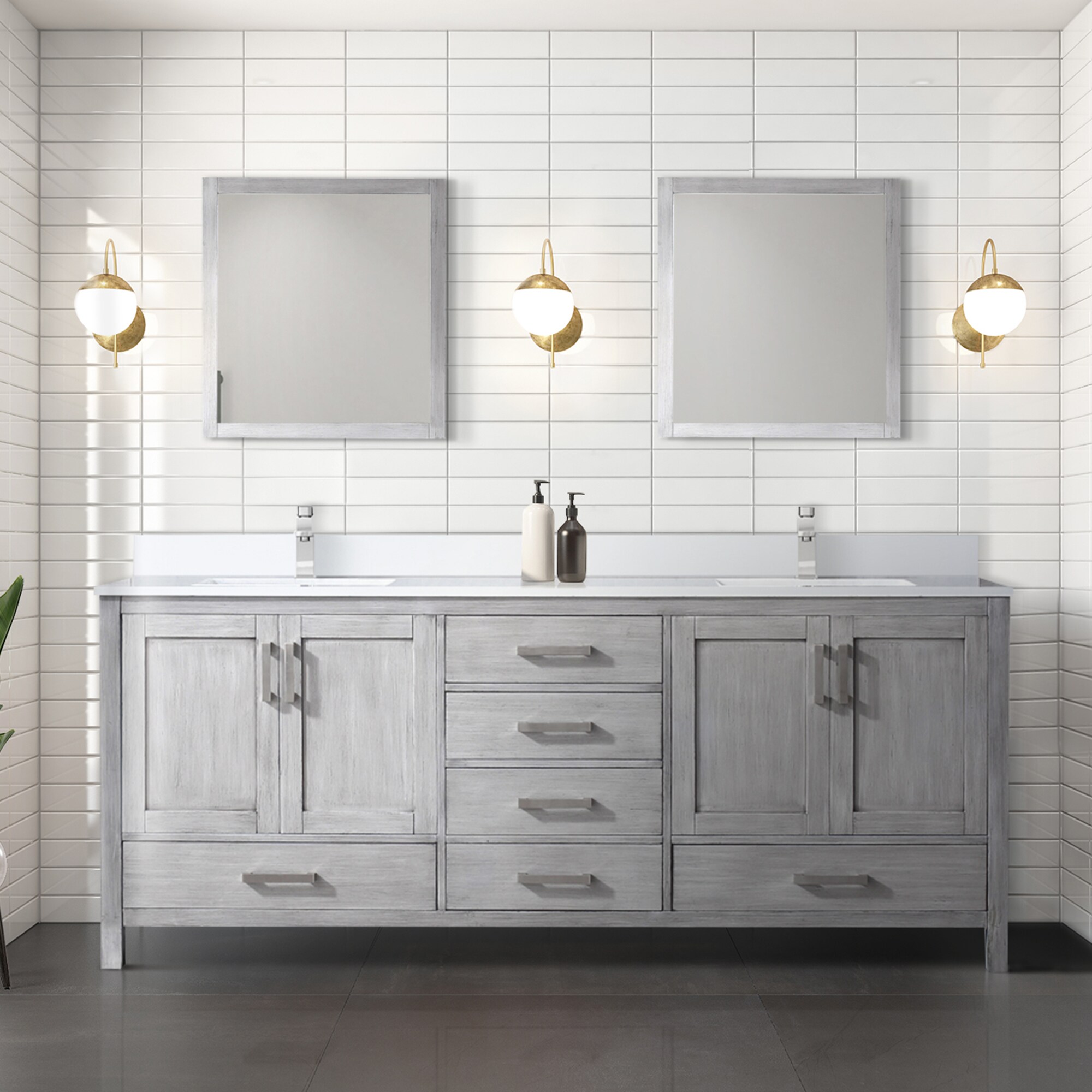 Lexora LVJ80DD311 Jacques 80-in Distressed Grey Undermount Double Sink Bathroom Vanity with White Cultured Marble Top (Mirror and Faucet Included)