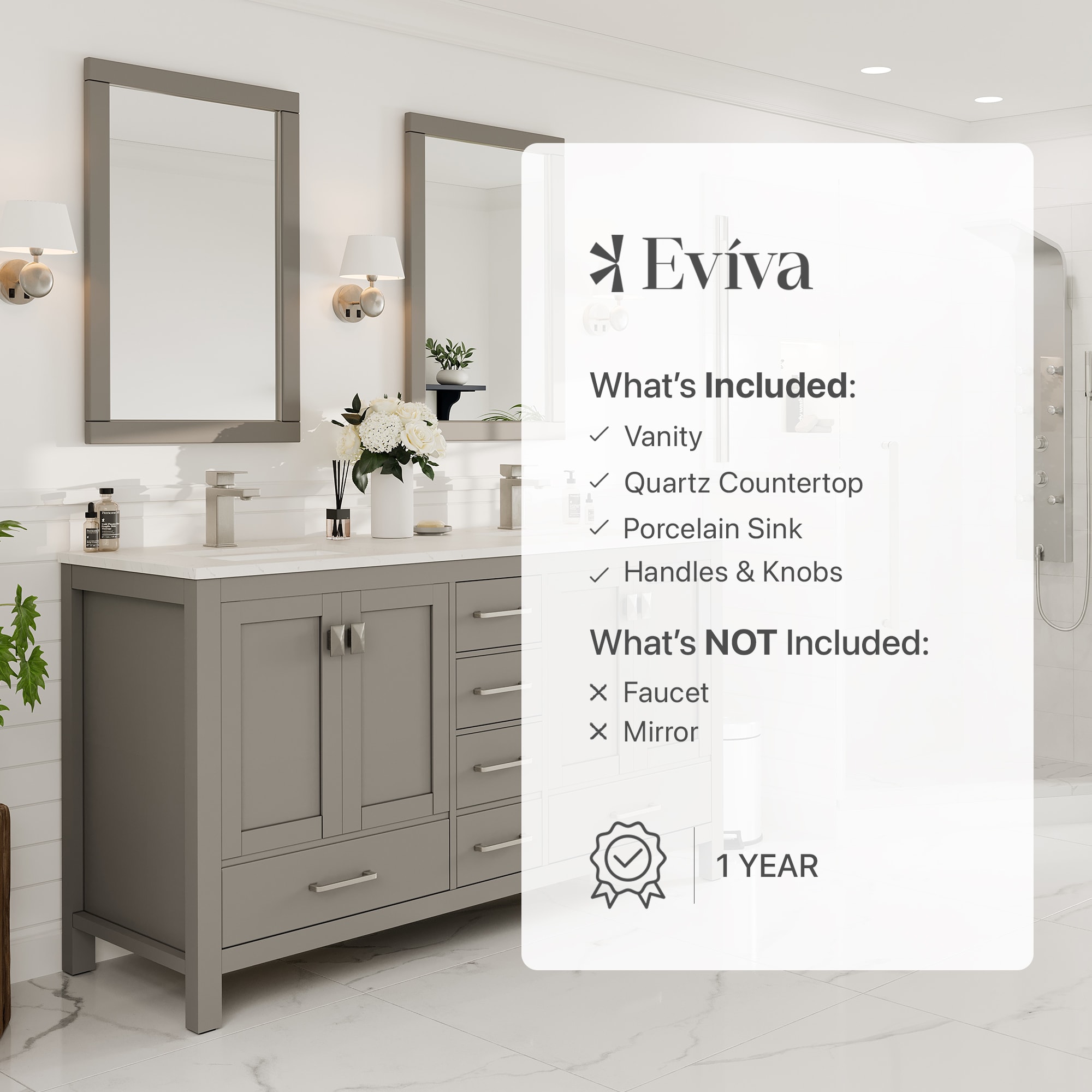 Gray Double Sink Bathroom Vanity with White Quartz Countertop