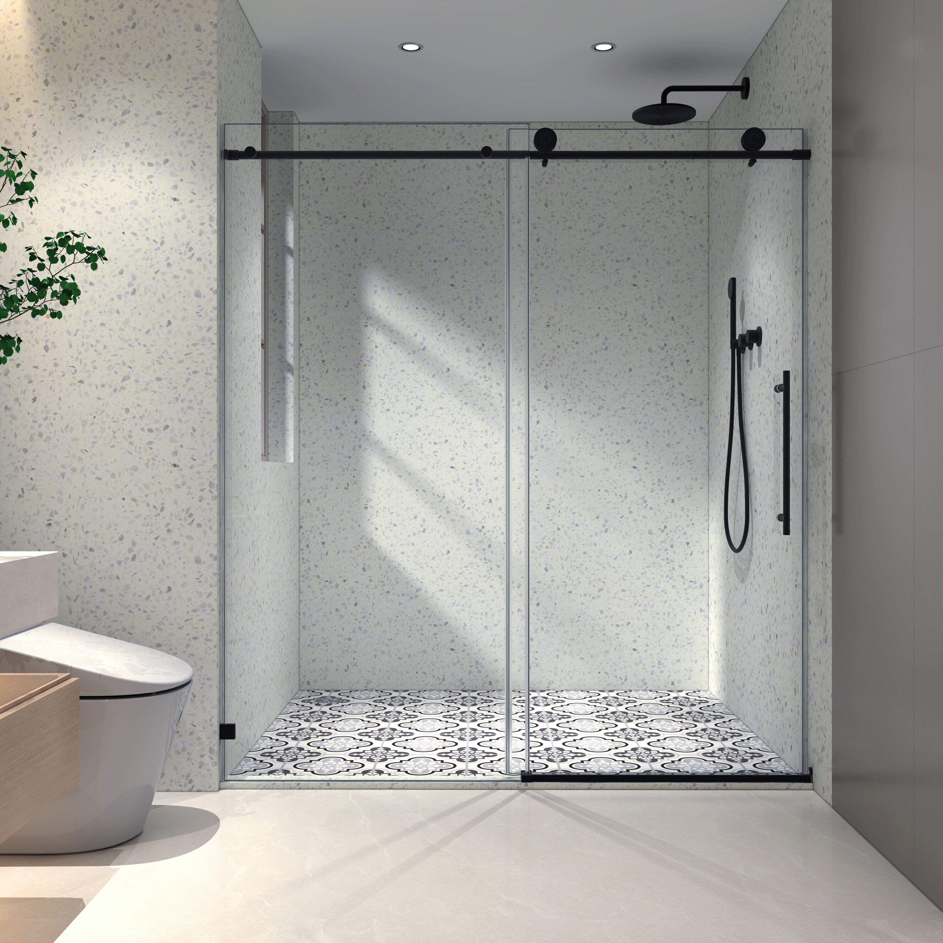 WELLFOR - Single Sliding Matte Black 55-in to 60-in W x 76-in H Frameless Clear Glass Bypass Slid...