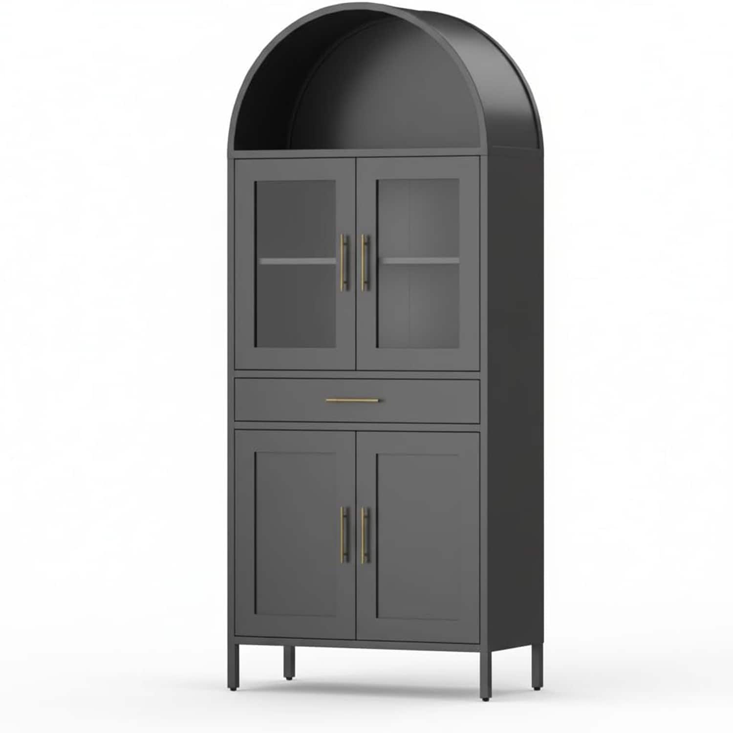Garvee 73Inch Modern Arched Storage Cabinet with Glass Doors Metal Pantry Organizer Adjustable Shelves Drawer Anti-Tip Design Bookshelf for Kitchen Living Room or Office  Black