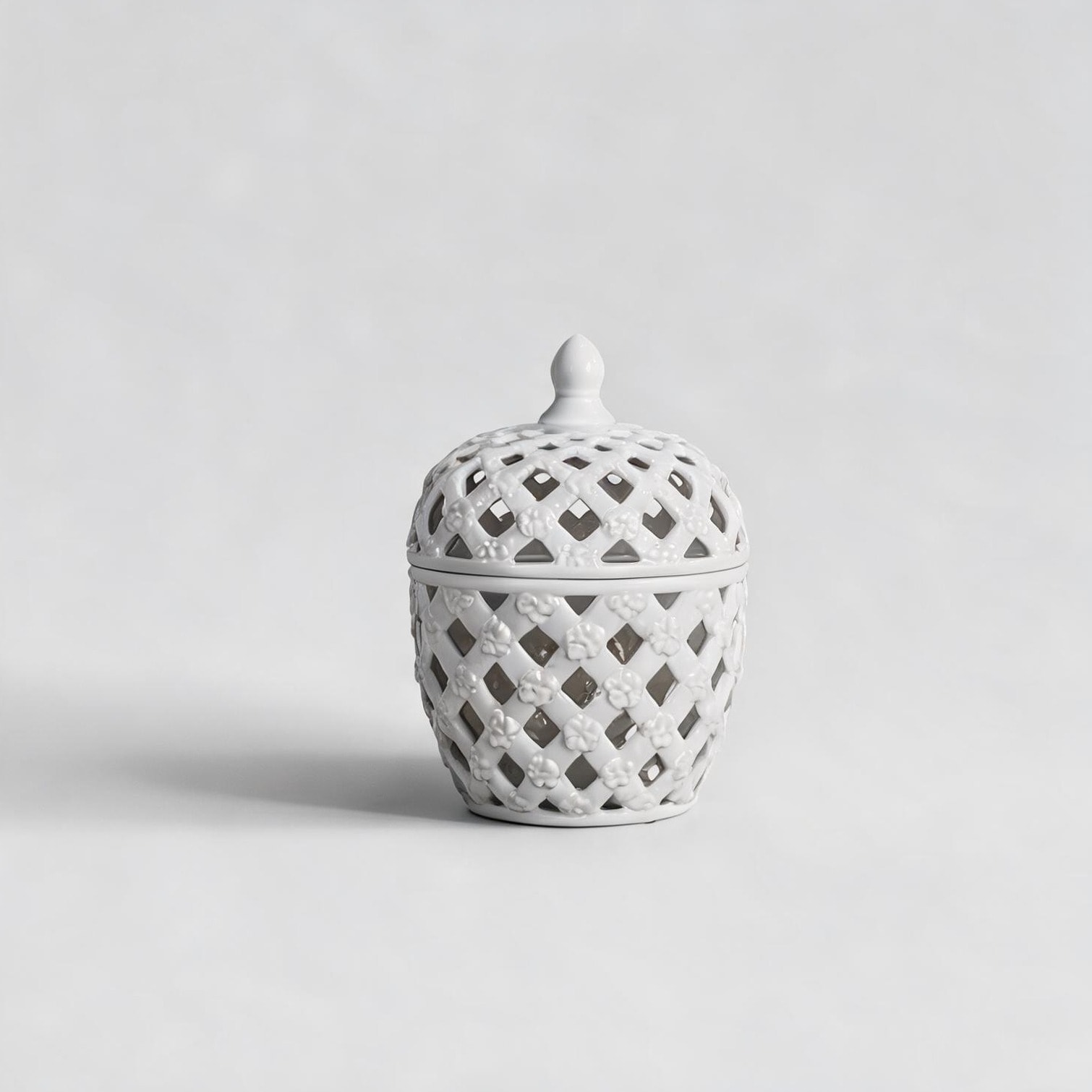 Watnature Ceramic Lattice Lidded Jar with Floral Accents 11.5-Inch Freestanding Bedroom Decor