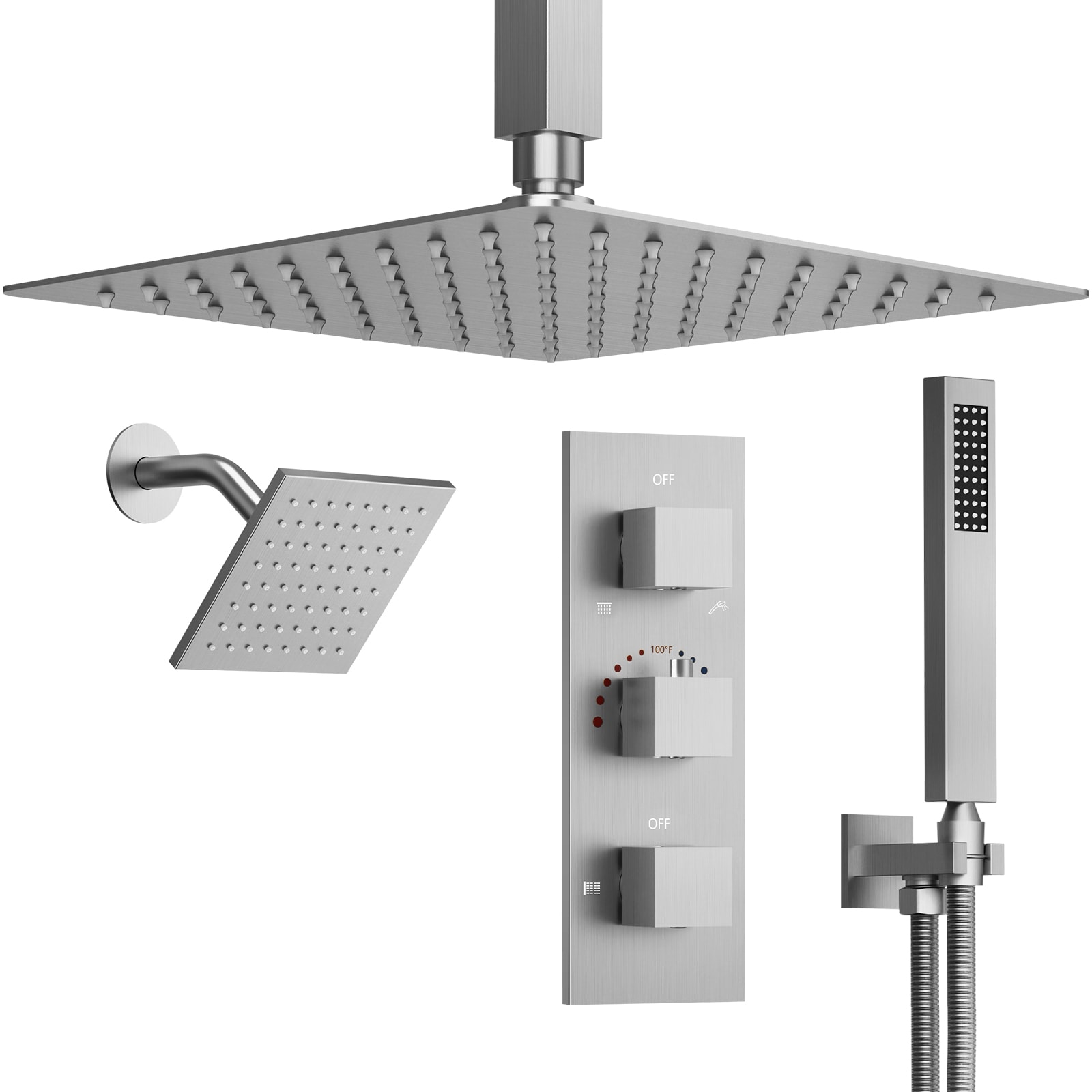 GRANDJOY 5 Spray 12 in Wall Mounted Rain Shower System with 6 in Head and Handheld Thermostatic Valve Dual Heads Brushed Nickel