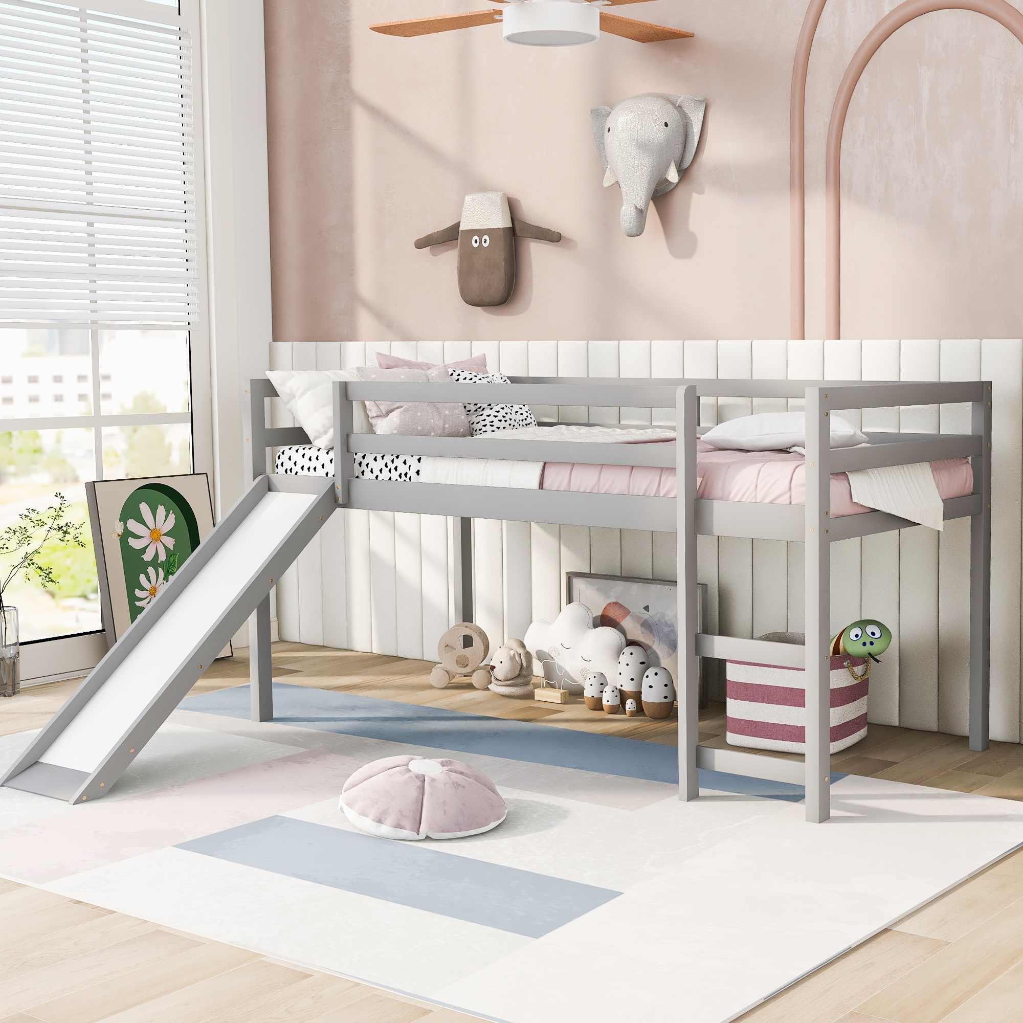 CHITA Twin Gray Loft Bed with Ladder Access and Guardrails and Attached ...
