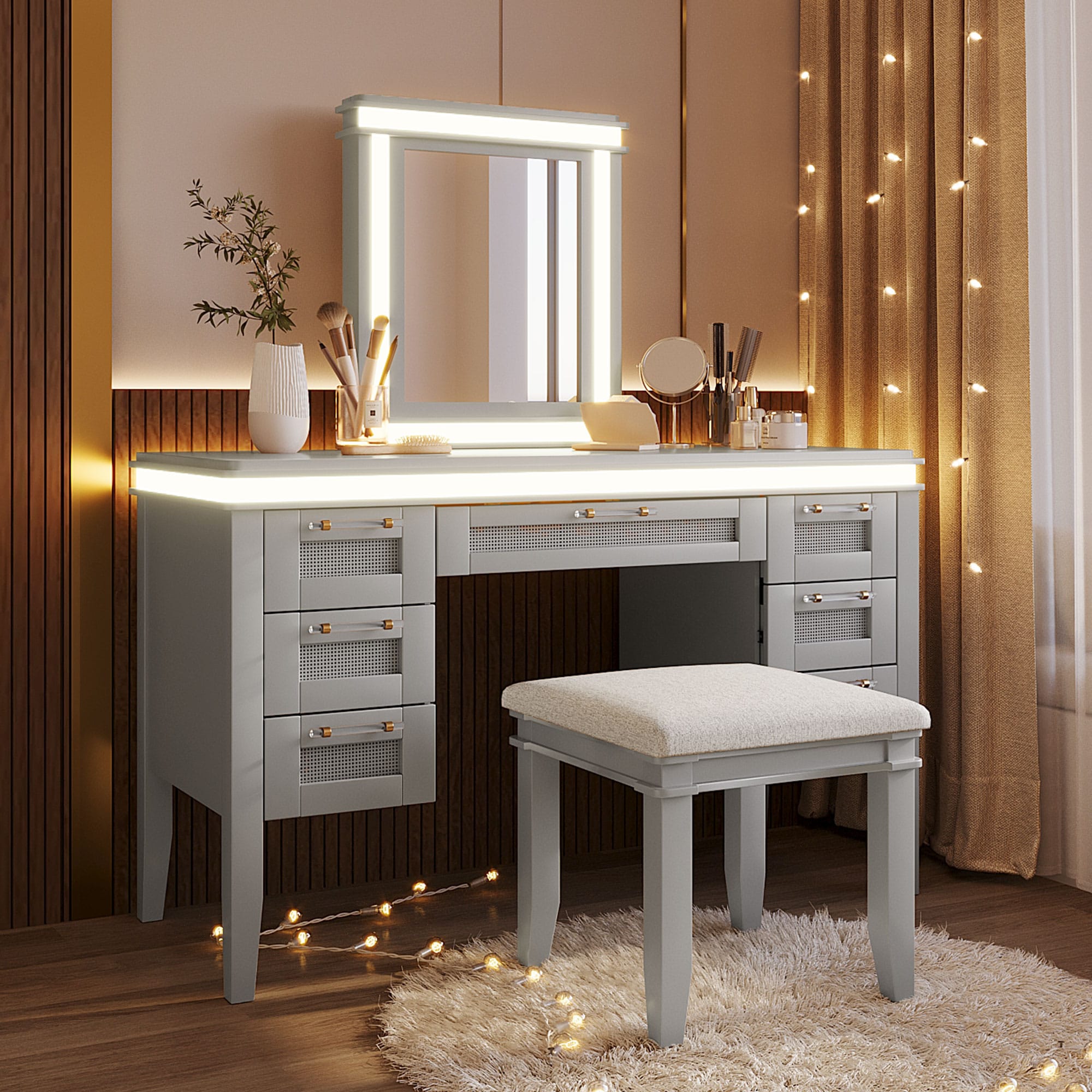 7 drawer classic mirrored dressing table ModernLuxe Assembly Required 48inch Vanity Desk with Mirror and Lights Makeup Vanity with Drawers and Cushioned Stool Grey Finish Classic Caesar dressing for