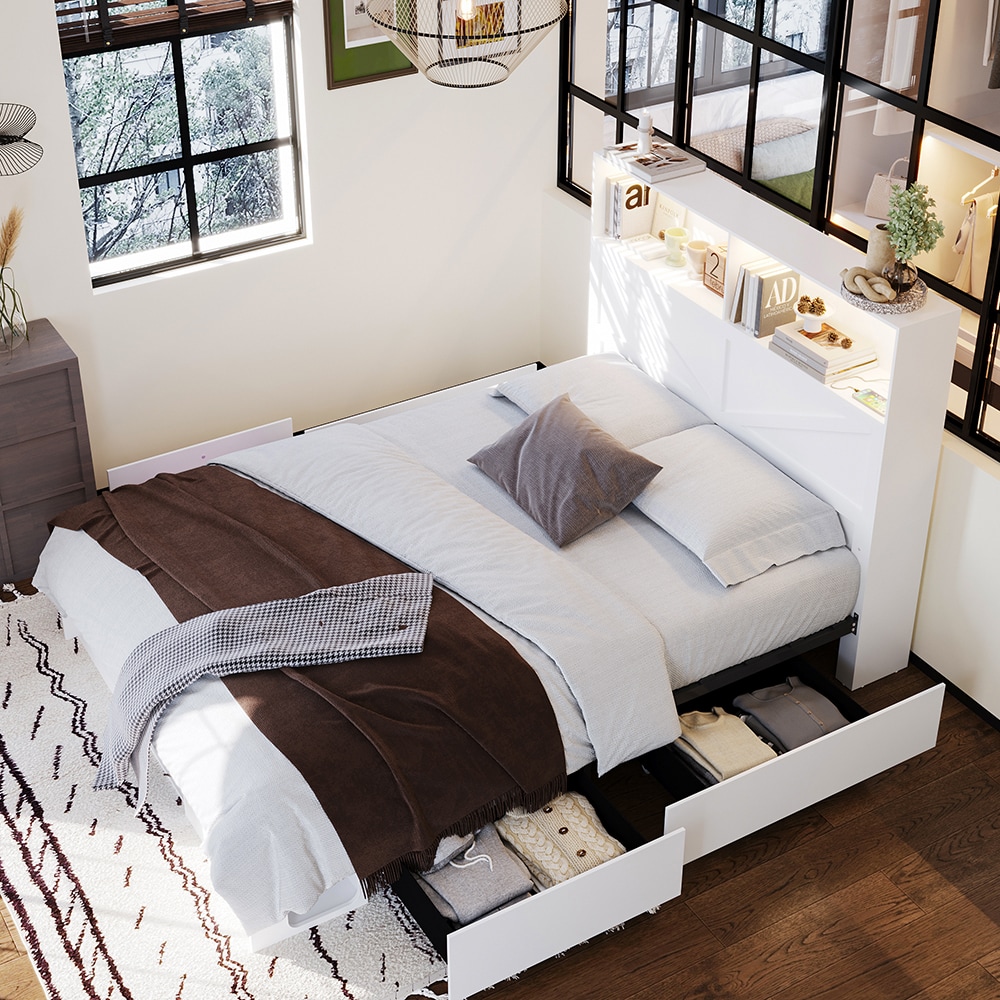 Homsee V-KF330161-01-AB Queen Size White Farmhouse Platform Bed with Sliding Barn Doors Storage Drawers LED Light Strip and Bluetooth Control