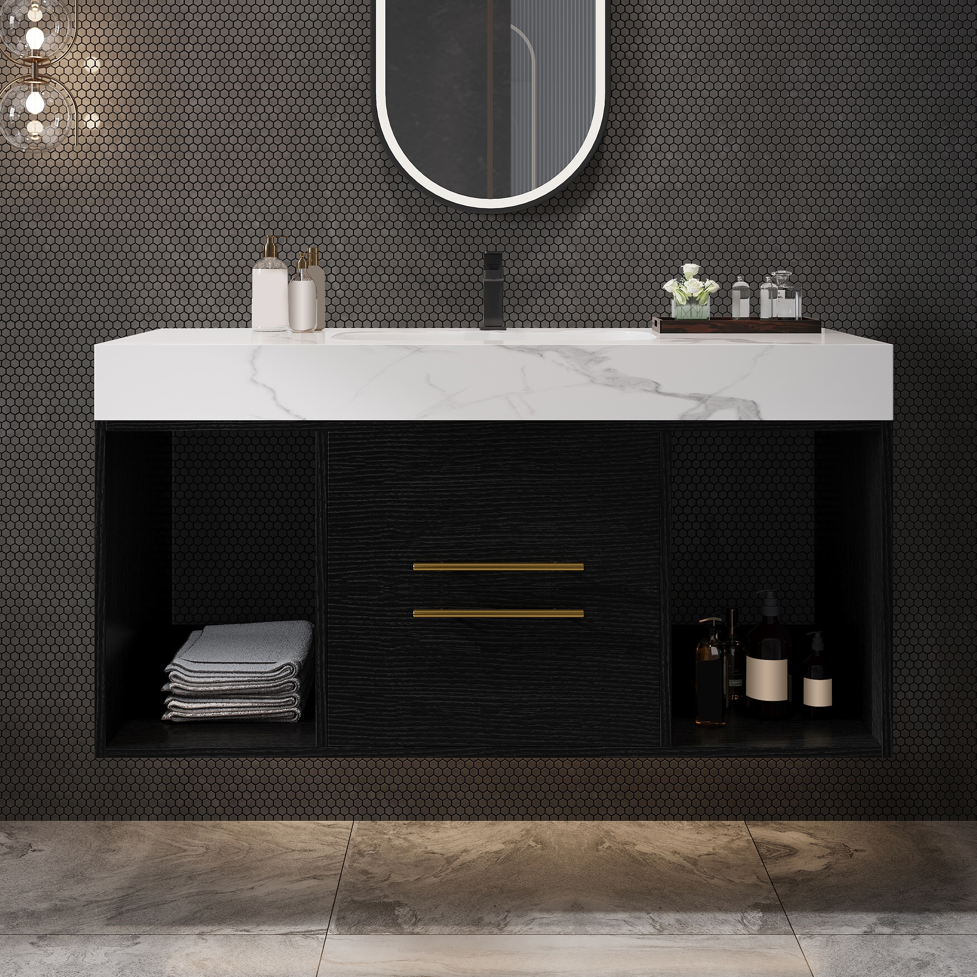 Forclover - Modern 39.4-in Black Undermount Single Sink Bathroom Vanity with White Sintered Stone...
