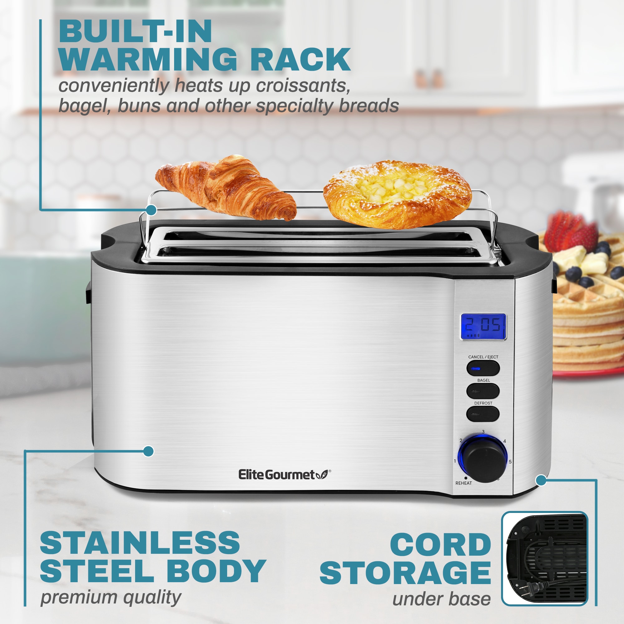  Elite Gourmet ECT-3100 Long Slot 4 Slice Toaster, Reheat, 6  Toast Settings, Defrost, Cancel Functions, Built-in Warming Rack, Extra Wide  Slots for Bagels & Waffles, Stainless Steel & Black: Home 