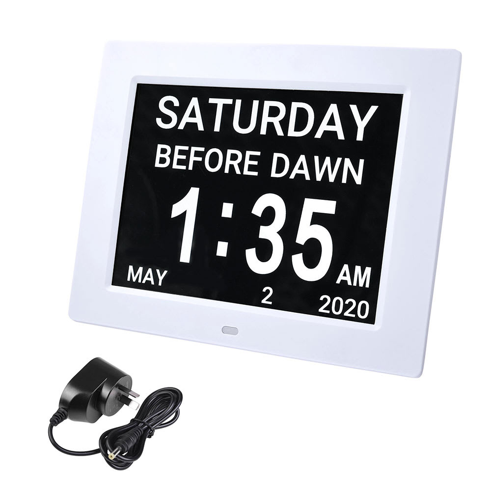 Yescom 06CLK001-8IN-07-LO 8inch Large Digital LCD Day Clock 8 Alarm Options Dimmable Calendar for Elderly Dementia Home Wall Table White