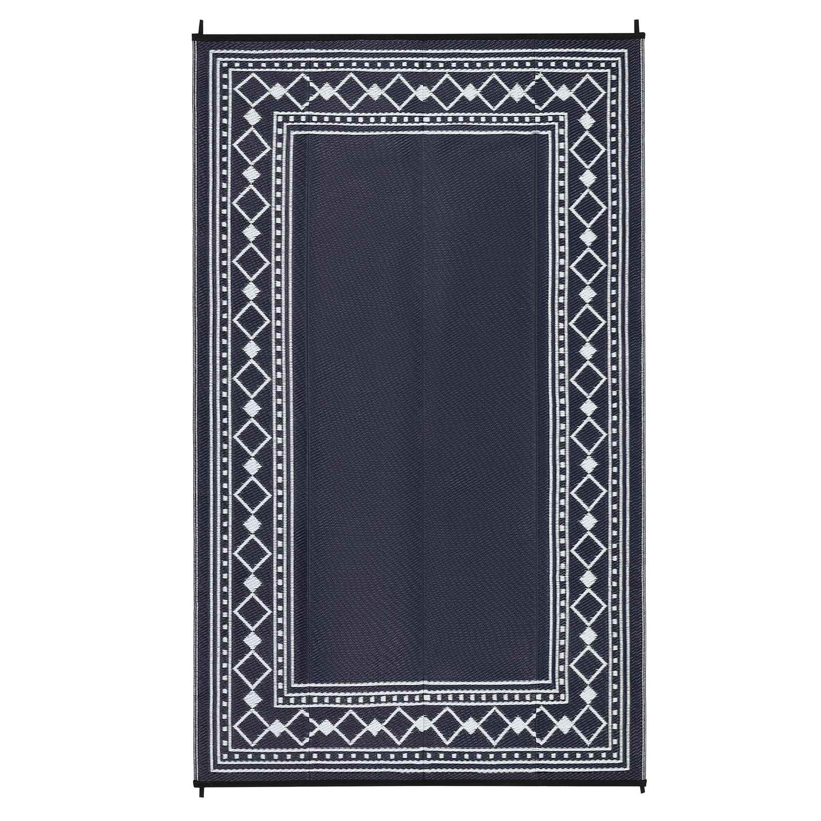 Qeetex LSN-PHO-34JKSGFY 9 x 18 ft(actual size) Plastic Black Blue White Rectangular Beach Front Porches Patio Picnic RV Camping Garage Rhombus Geometric Area Rug