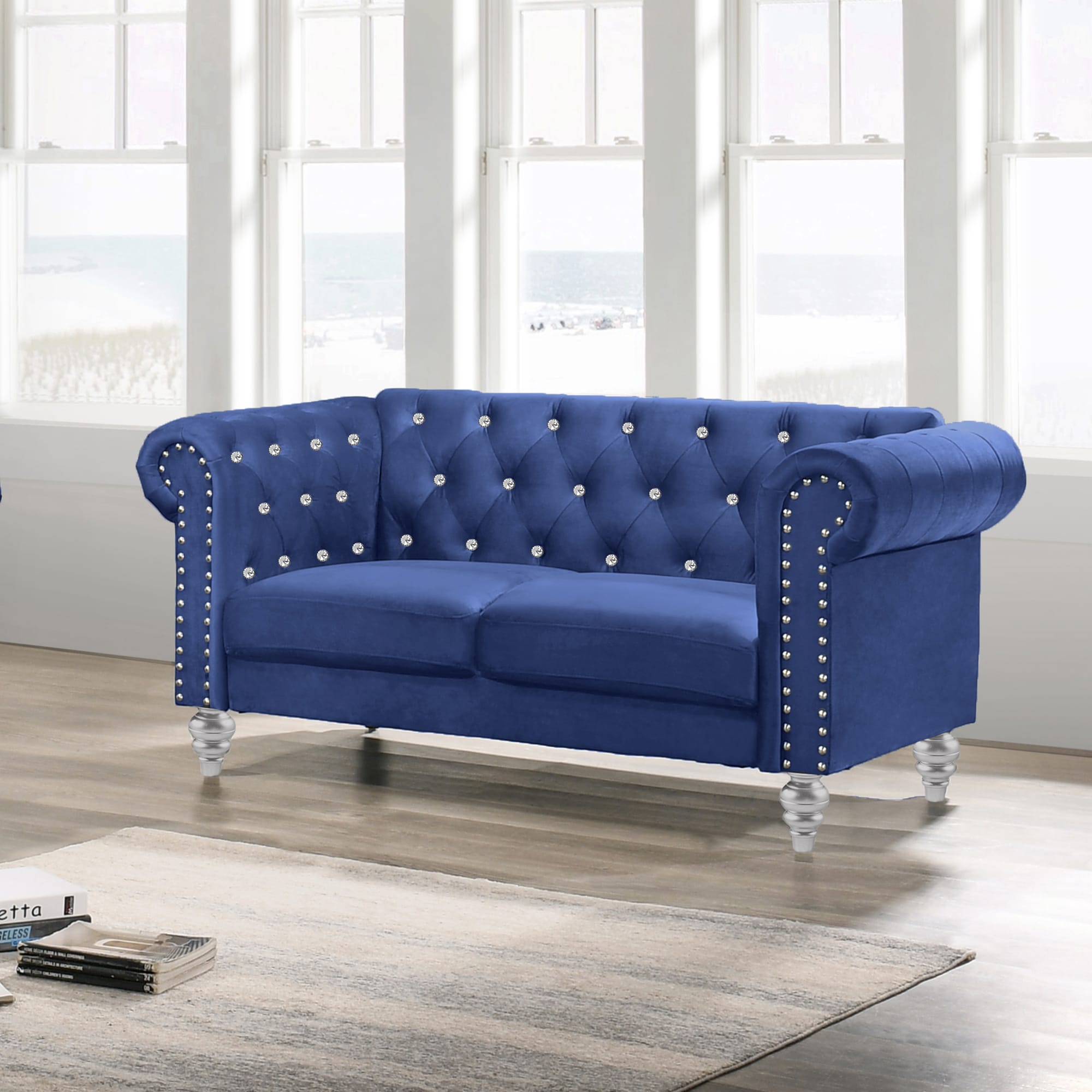 New Classic Furniture UKD13-20-BLUC Emma 61.75-in Glam Royal Blue Velvet 2 -seater Loveseat