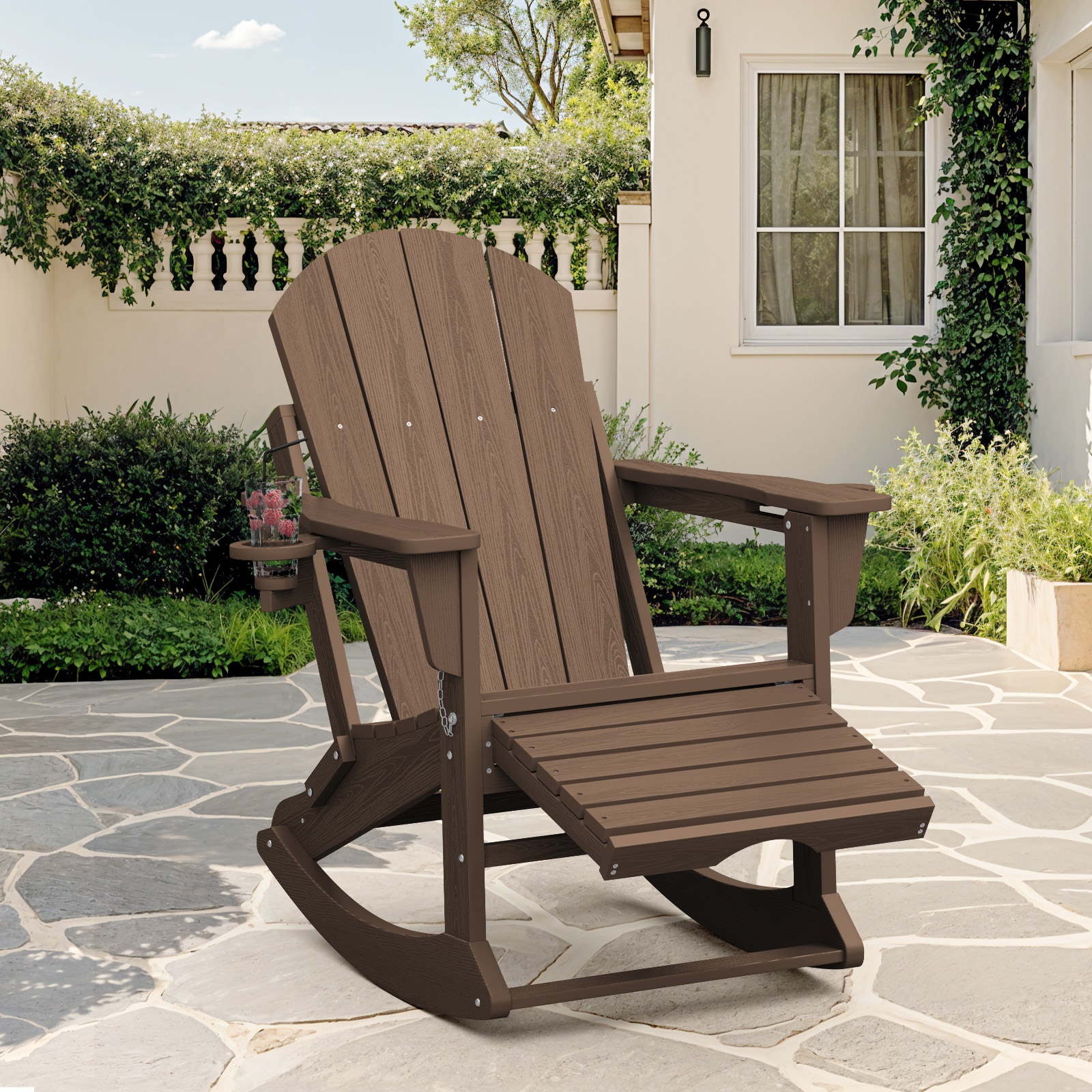 JEAREY PEDGNYY-BN Adirondack Rocking Chair with Ottoman and Cup Holder Stackable Brown HDPE Frame Adirondack Chair with Slat Seat
