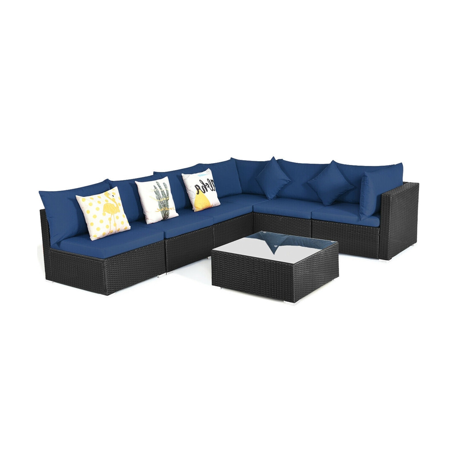Slickblue D-CO-+YNB42566WH 7-Piece- Outdoor Wicker Sectional Sofa Set with Cushions Included and Steel Frame with Tempered Glass Top Coffee Table for Patio Balcony Backyard or Poolside- Navy/ Beige/ Blue/ Peacock Blue
