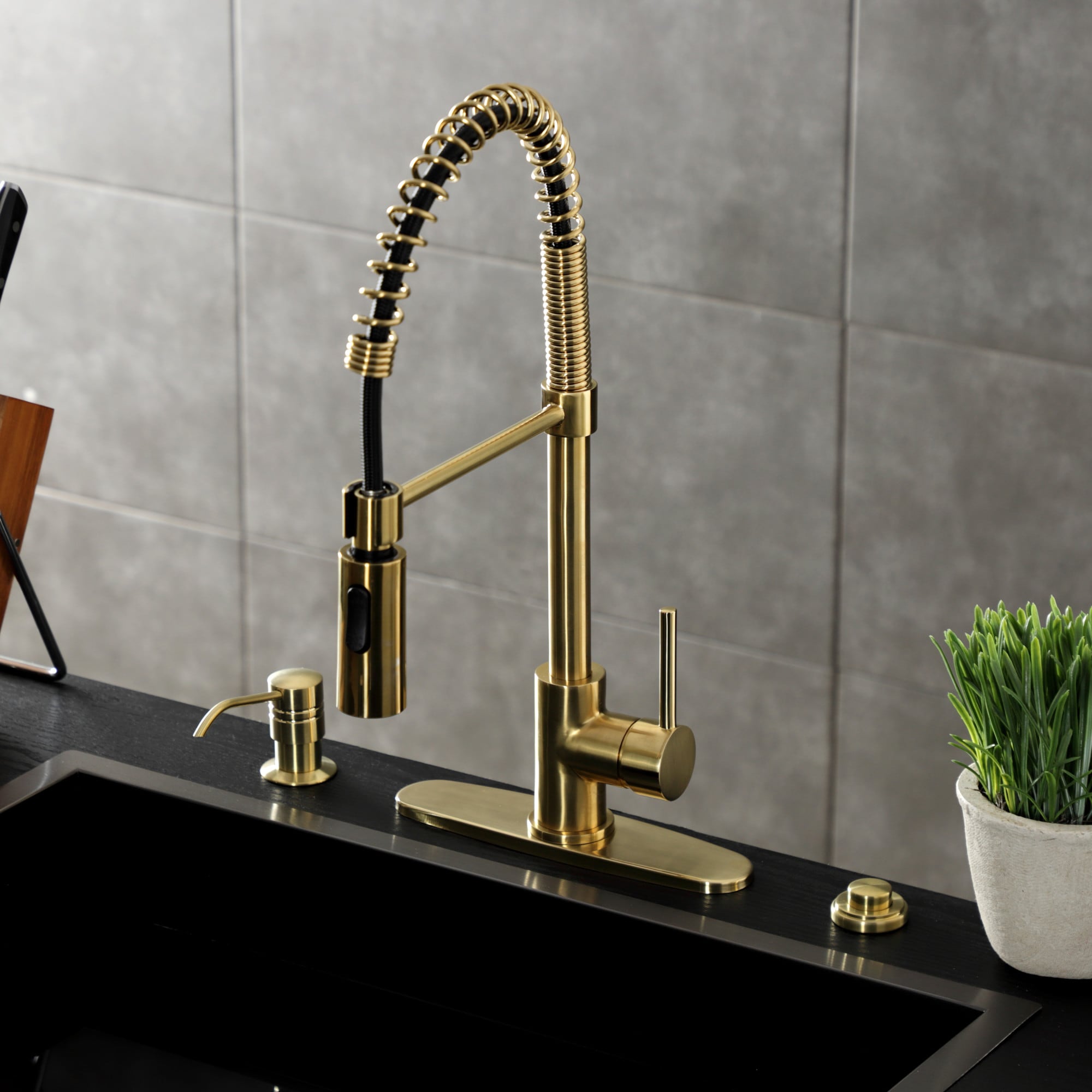Kingston Brass WLLS8773DL Concord Brushed Brass Single Handle Deck-mount Pre-rinse Kitchen Faucet ( Deck Plate Included )