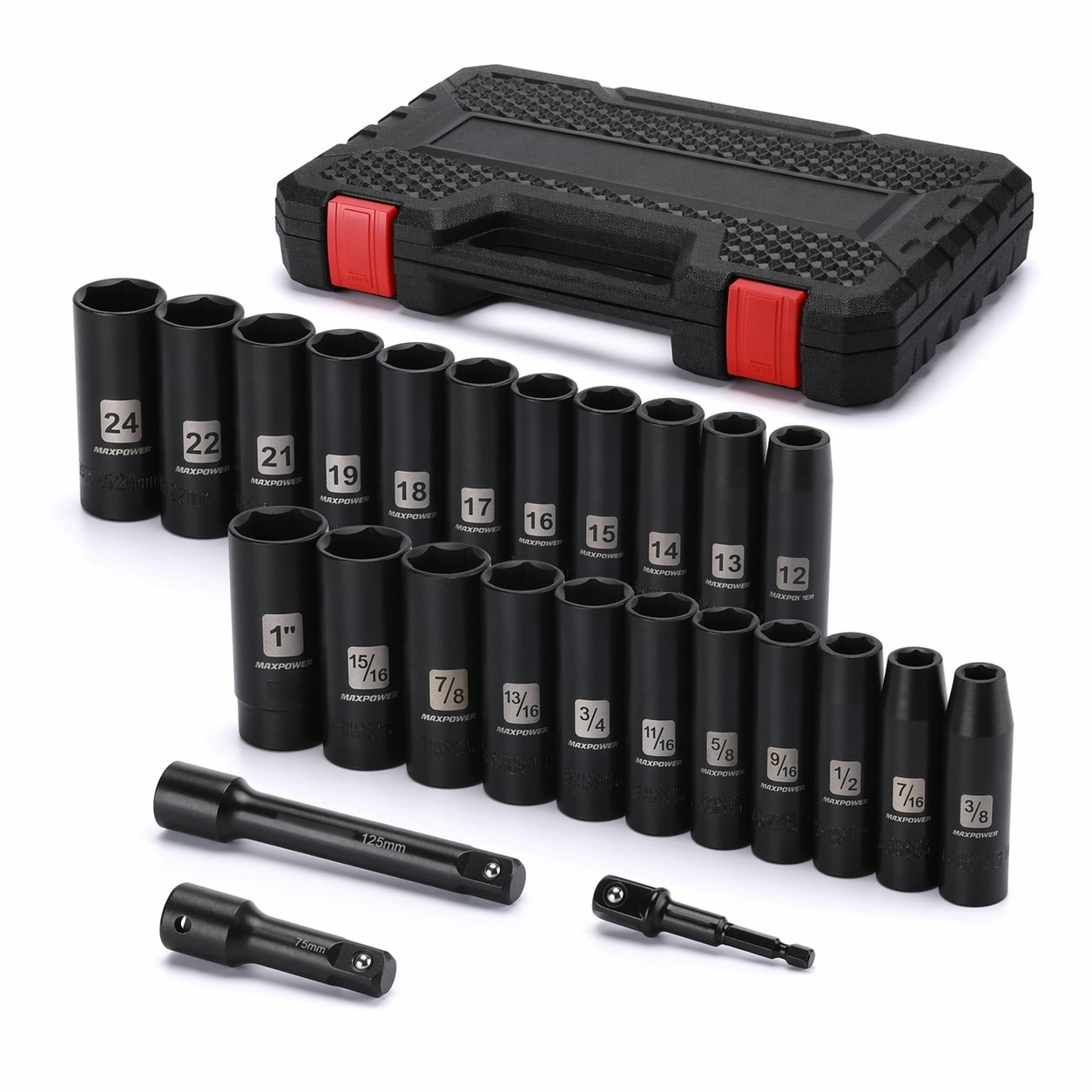 Phyfalip  25 Piece Half Inch Drive Deep Impact Socket Set Metric SAE CRV Steel 12mm to 24mm 3 8 Inch to 1 Inch with Extension Bars Adapter