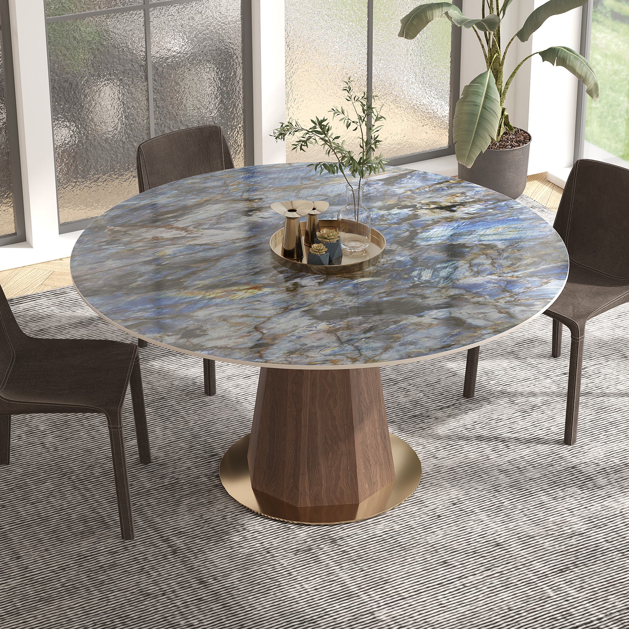 Blue Round Contemporary/Modern Marble Dining Table, with Walnut