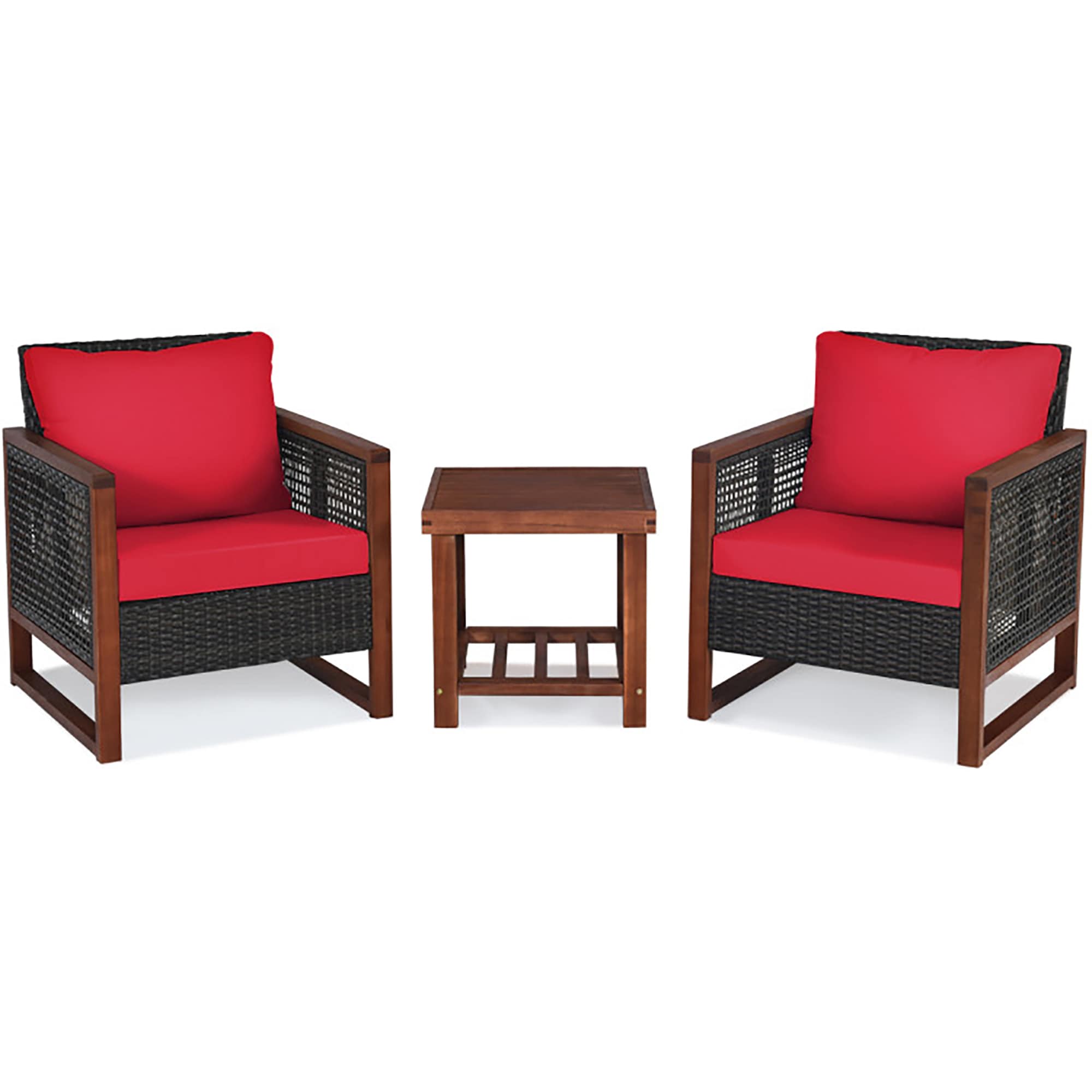 CASAINC HX-SM1001-B 3 Pieces Acacia Wood Patio Furniture Set with Coffee Table 3 -Piece Rattan Patio Conversation Set with Red Cushions