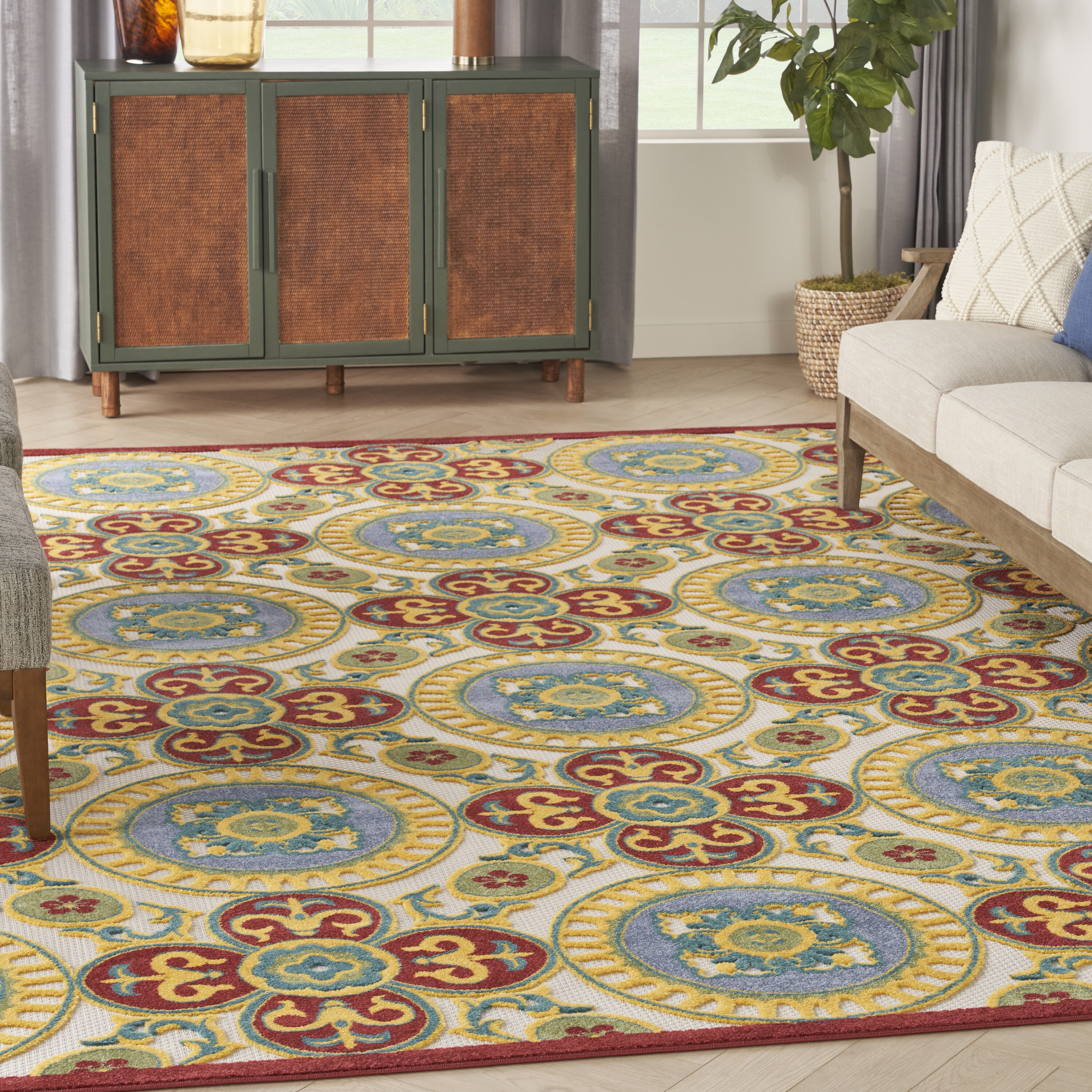 Nourison 099446168764 Aloha 8 x 11 (ft) Loomed Polypropylene Red/Multi Rectangular Indoor/Outdoor Medallion Tropical Area rug
