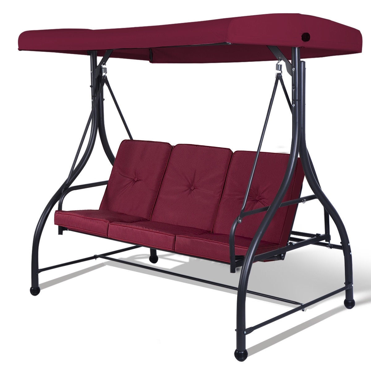 CASAINC WF-OP70492ZS 3 Seats Outdoor Swing Hammock with Adjustable Tilt Canopy 3 -person Wine Red Steel Outdoor Swing