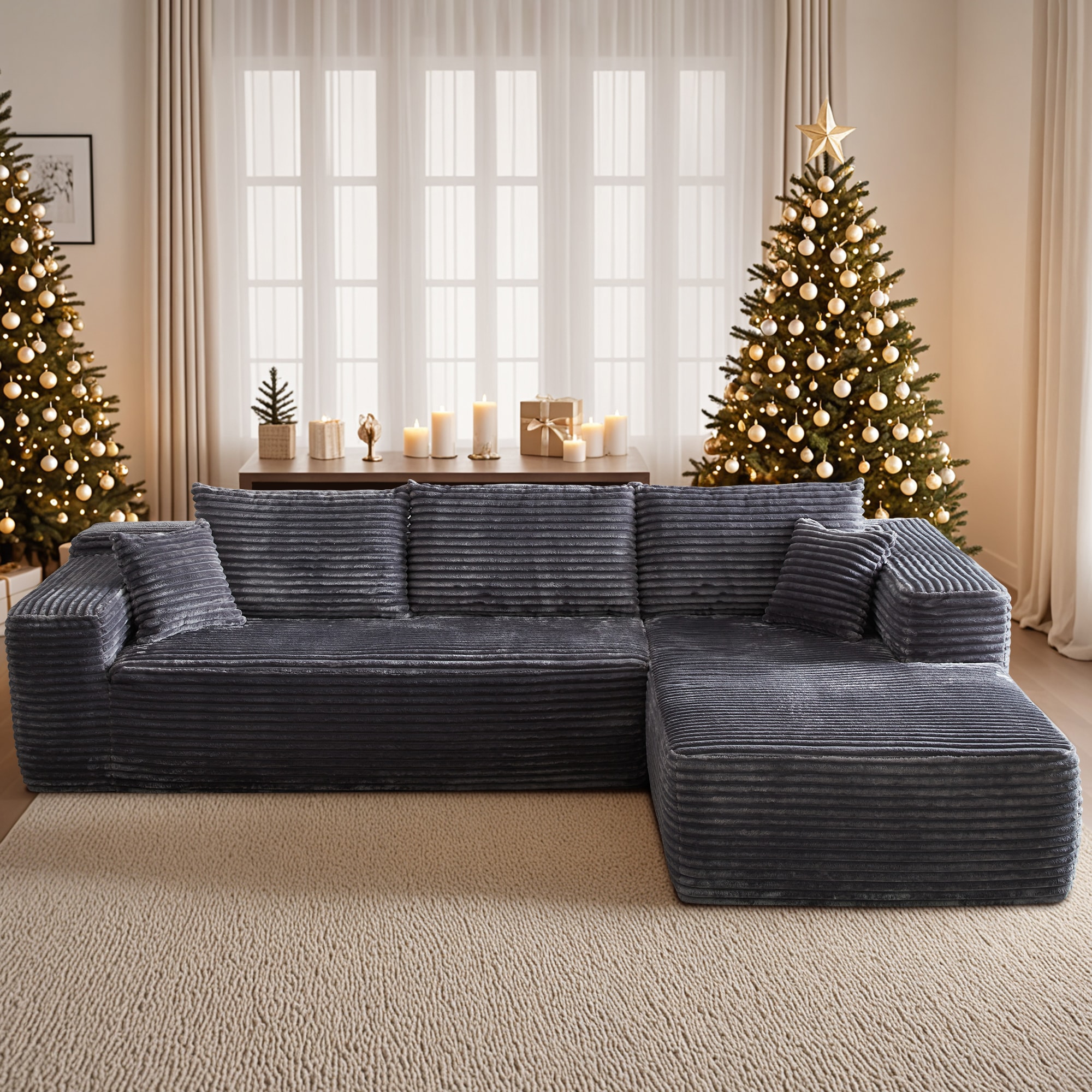 Pouuin SVIVI-910R 106.2-in Casual Gray Plush Corduroy 3 -seater Sectional