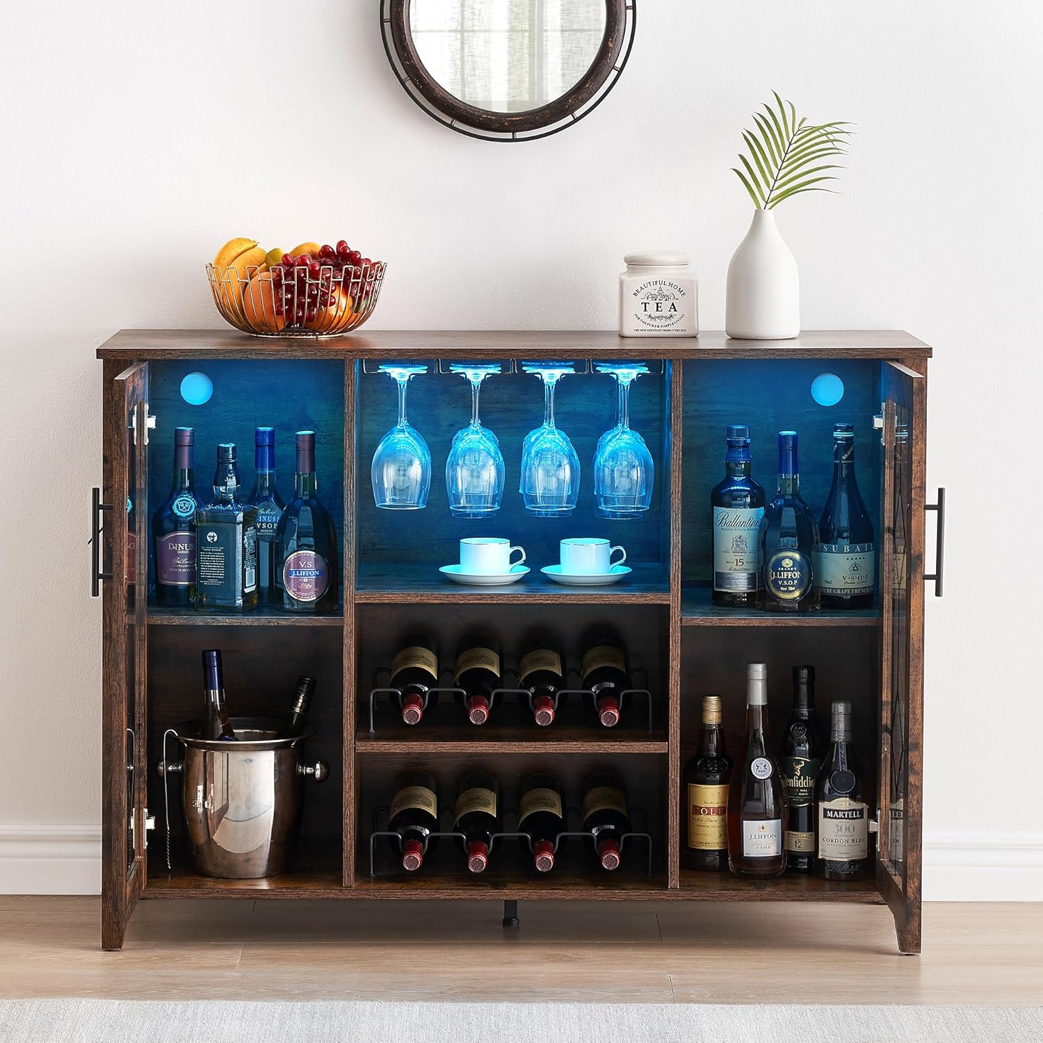 Garvee LED Glow Home Bar and Coffee Station - Removable Wine Racks/  Glass Holders/ Freestanding Storage Buffet / Brown