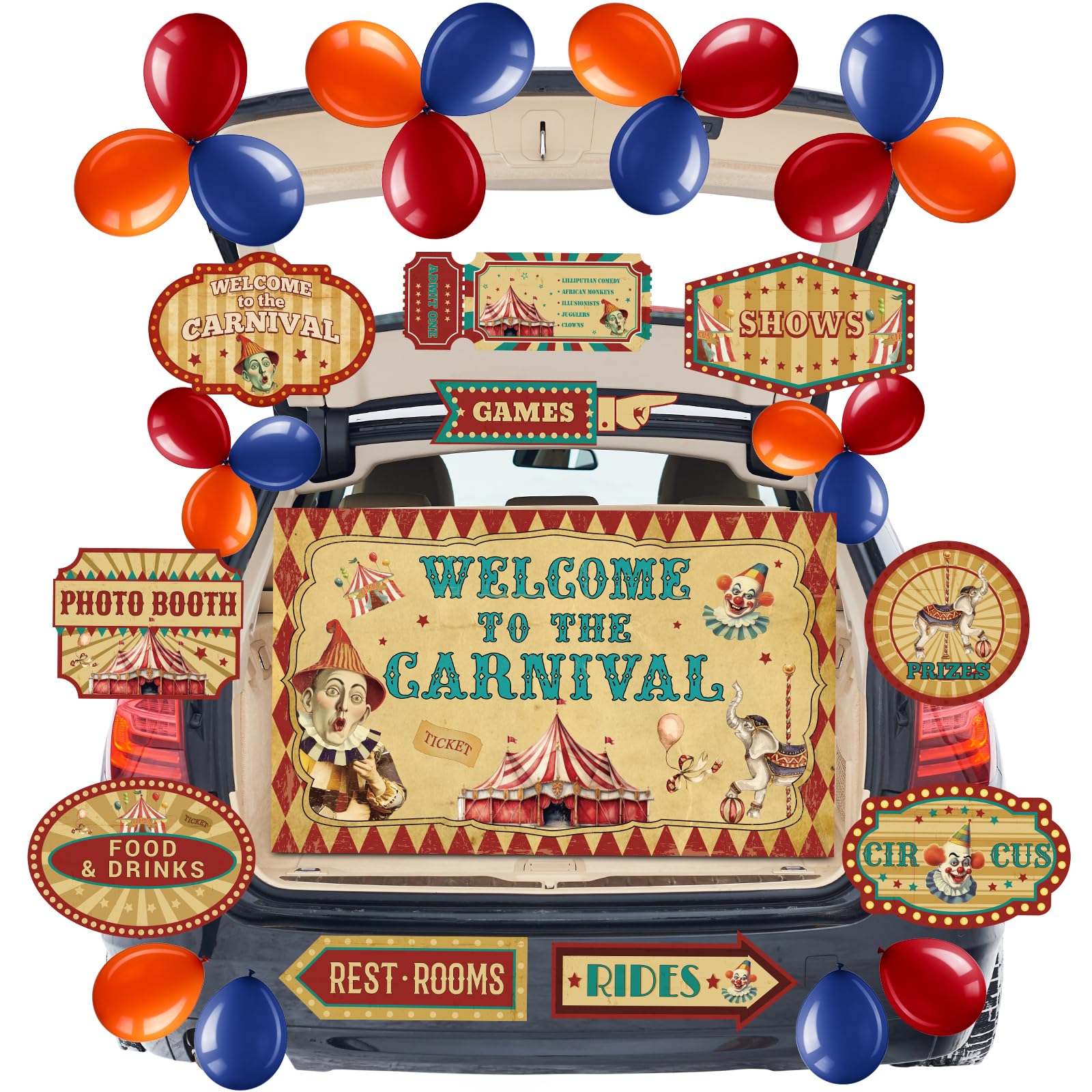 Ahfiwaso  Vintage Carnival Halloween Trunk or Treat Car Decorations Kit with Backdrop Balloons and Decorative Cards for SUV Garage Door and Party