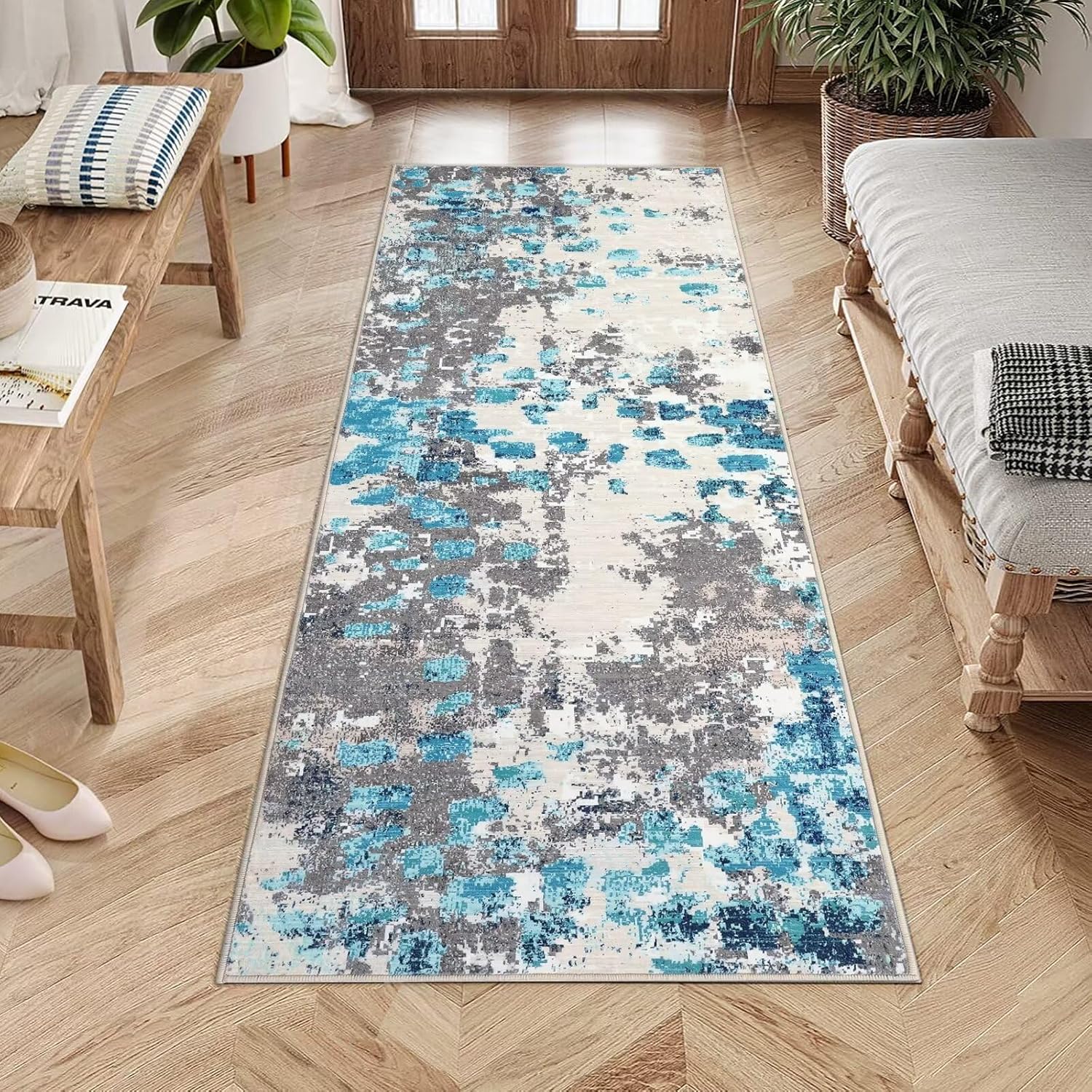 Garvee Runner Rug 2x6 Modern Abstract Area Rug Colorful Hallway Rug Boho Chic Watercolor Design Rug Soft Throw Rug Washable Rug Low Pile for Bedroom Kitchen BlueGrey