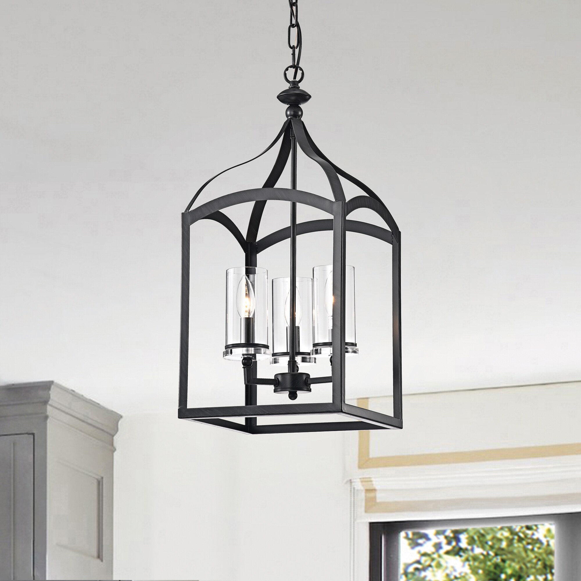 Antique Black 3-Light Lantern Pendant with Clear Glass Shades