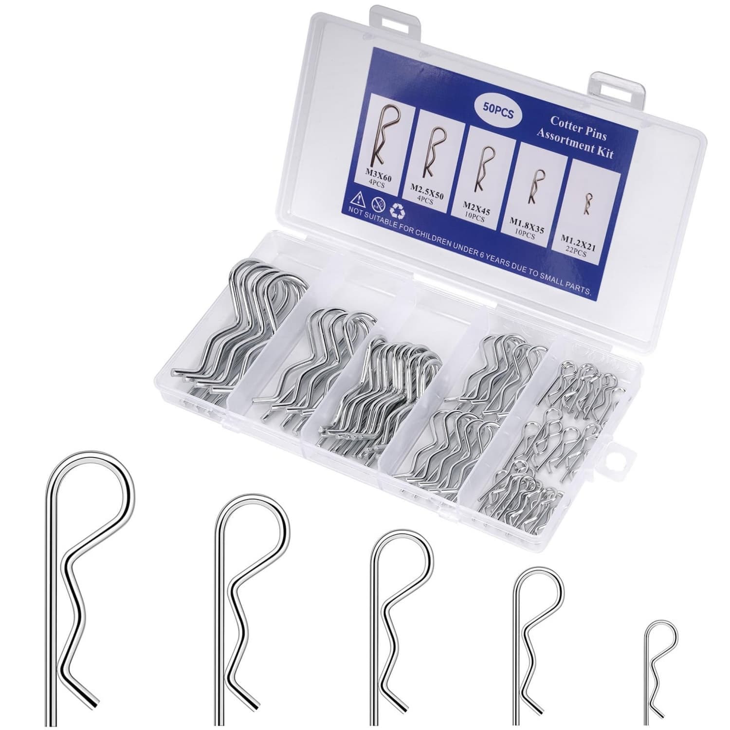 OGETFUUR 50 Piece Cotter Pins Trailer Accessories 5-Size Zinc-plated Steel Assortment Kit With Compartmentalized Toolbox For Secure Locking