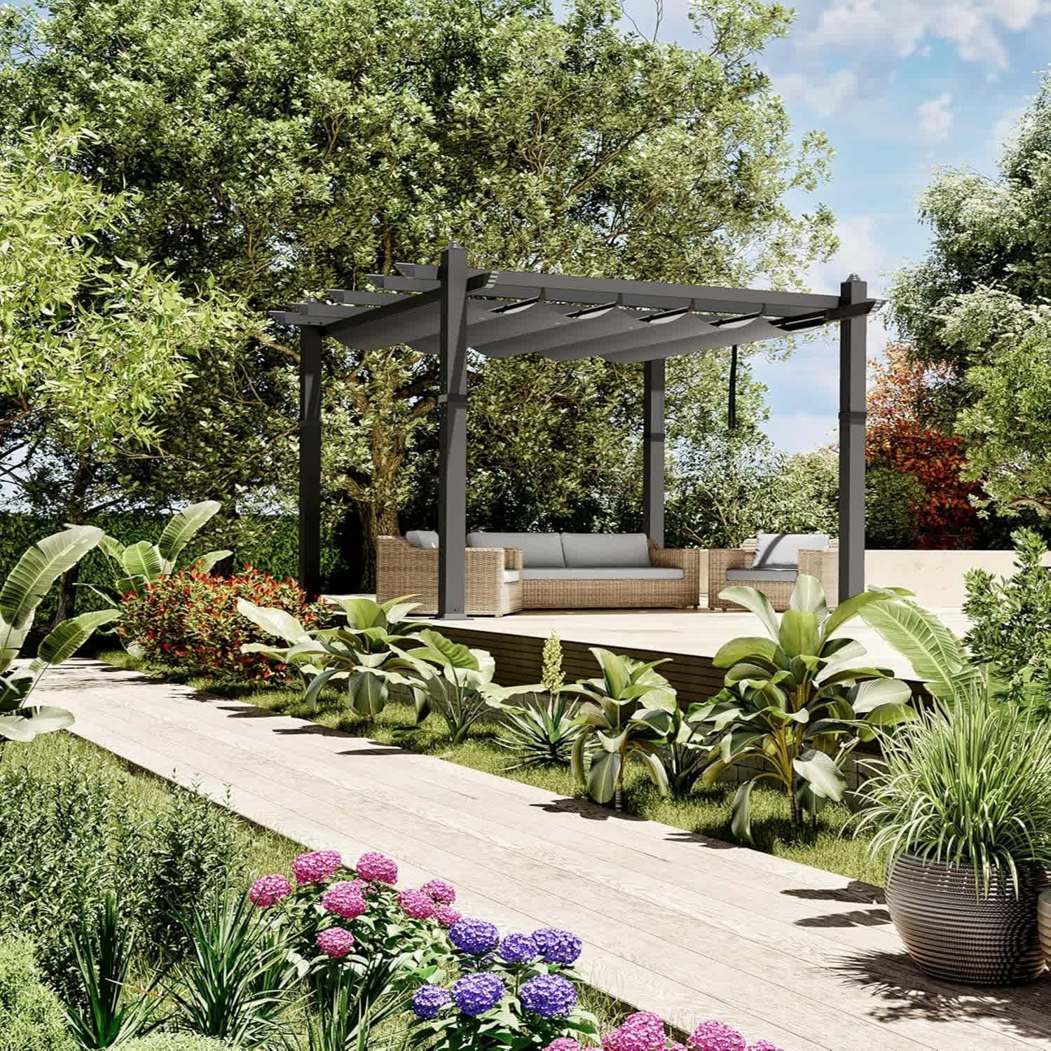 Qeetex LSHQQPHO-335EPHUH 10x10 ft Outdoor Gazebo with Retractable Awning UV Resistant Metal Gazebo Gray