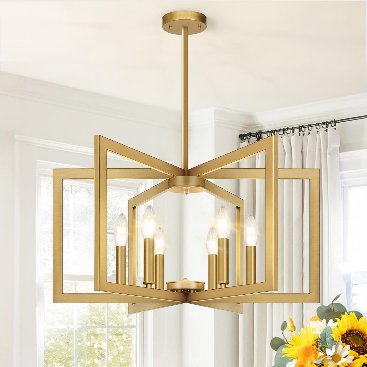 AOIZGMY  25 Inch Modern Gold Chandelier with Six Geometric Metal Frames for Dining Room Kitchen Island Entryway and Foyer Lighting