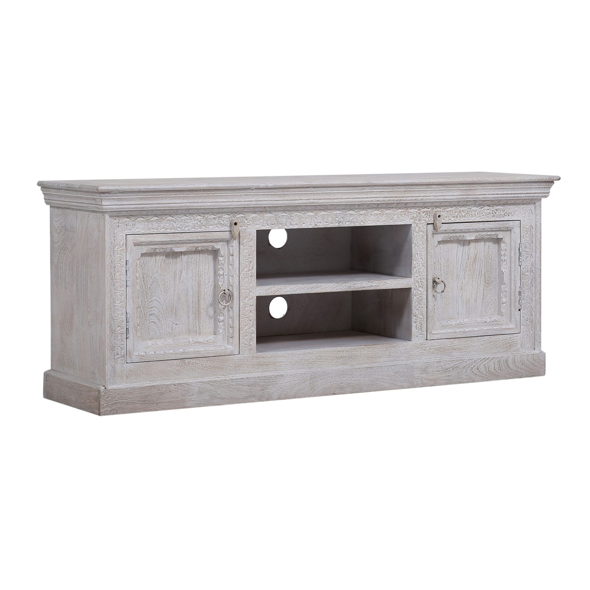 Maven Lane 398744 Mahala Handmade Heritage Wooden TV Stand Media Unit Rustic Entertainment Center Console Table for Living Room in Distressed White Finish