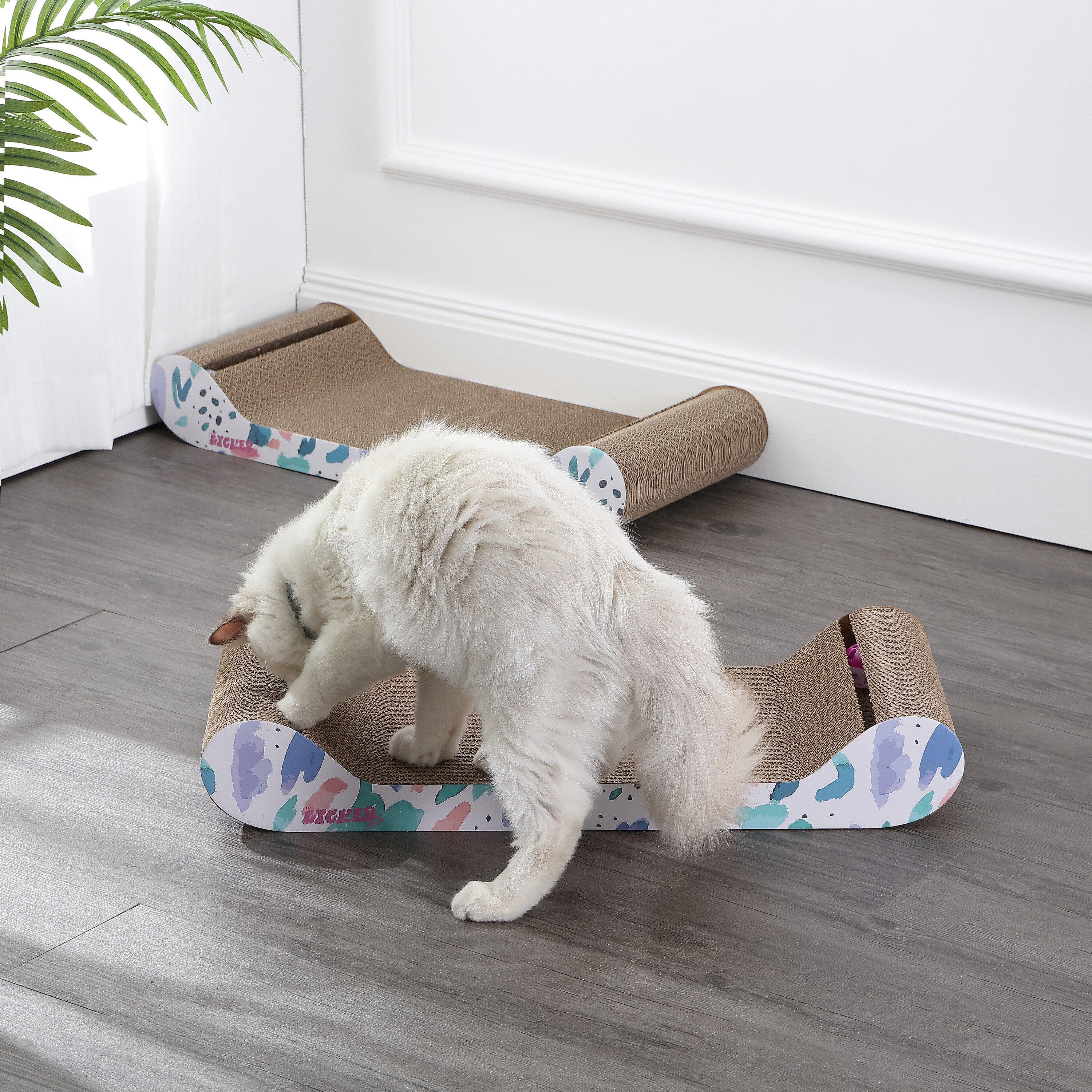 Rini 23.75" White and Multicolor Cardboard Cat Lounge Bed with Bell Toys and Catnip