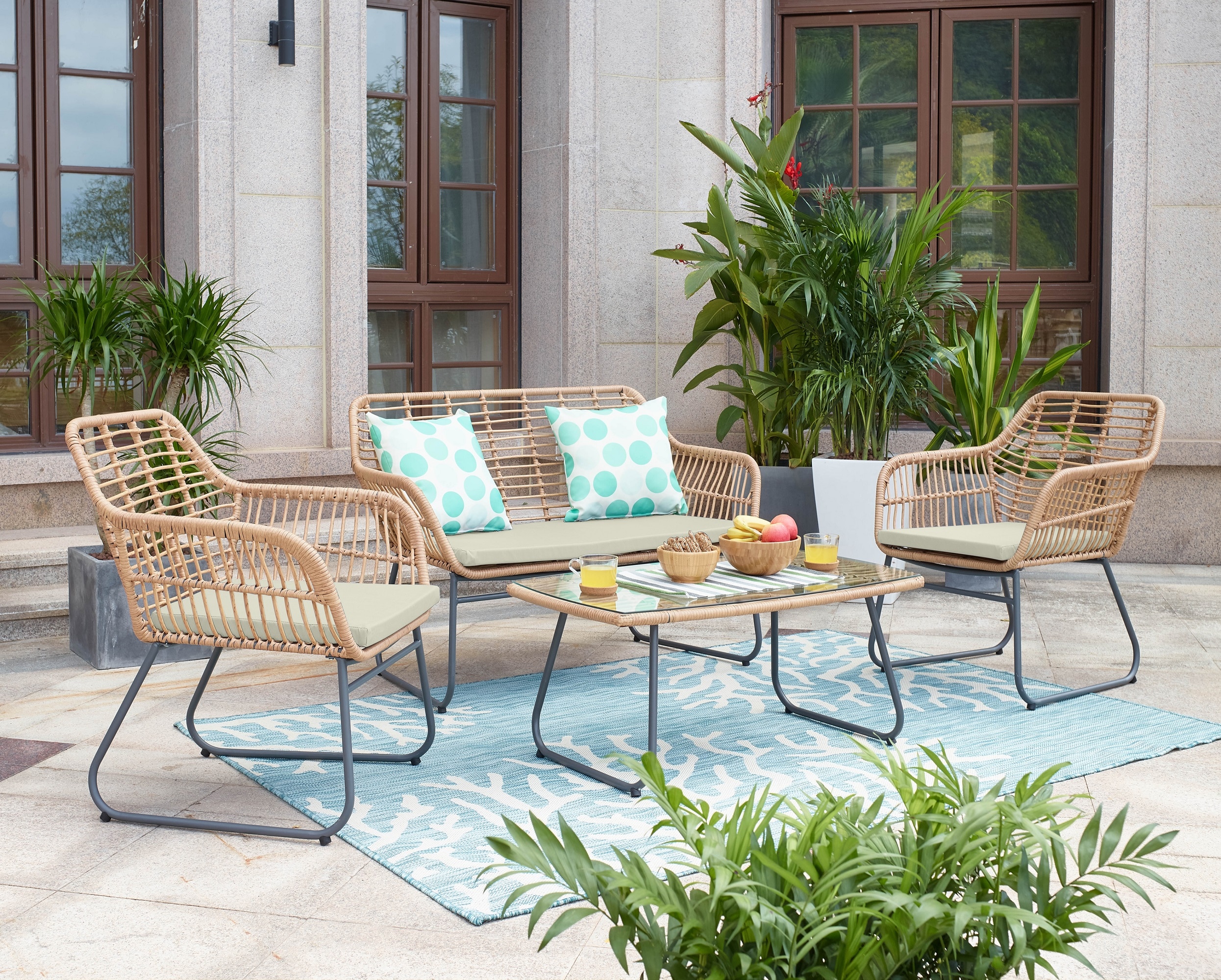Manhattan Comfort OD-CV011-CR Imperia 4 -Piece Rattan Patio Conversation Set with Off-white Cushions