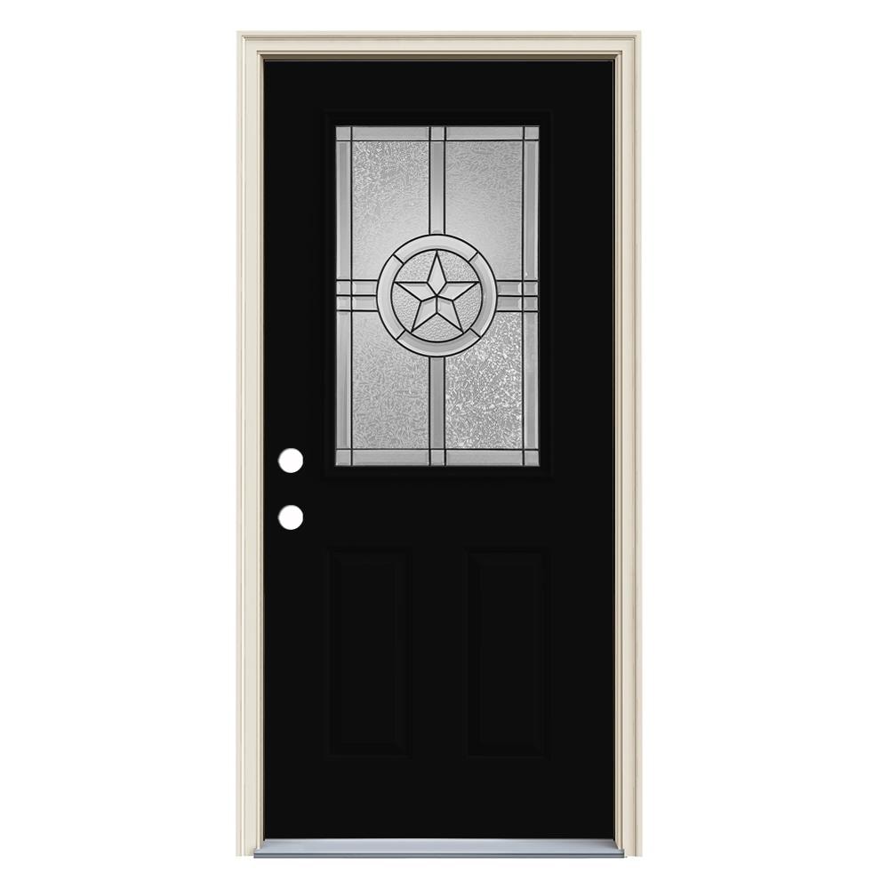 JELD-WEN LOWOLJW230300439 Radiant Star 36-in x 80-in x 4-9/16-in Steel Half lite Right-hand inswing Black Painted Prehung Front Door with Brickmould Insulating core