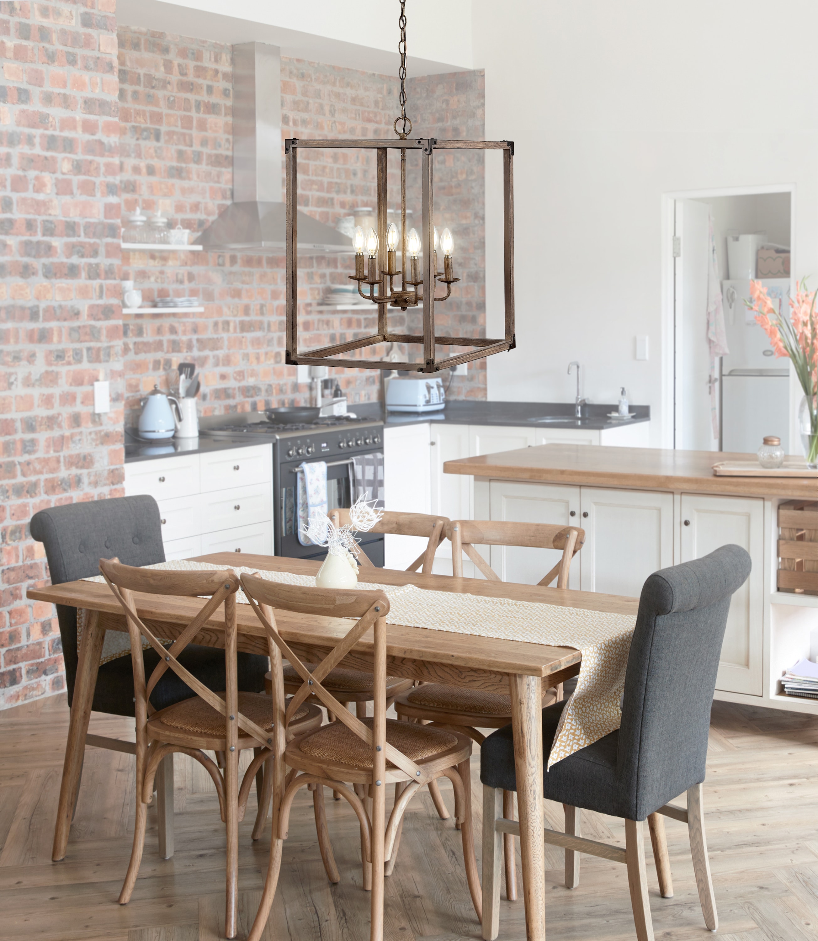 Rustic Farmhouse 16.2" Brown Iron LED Pendant with Edison-Style Bulbs
