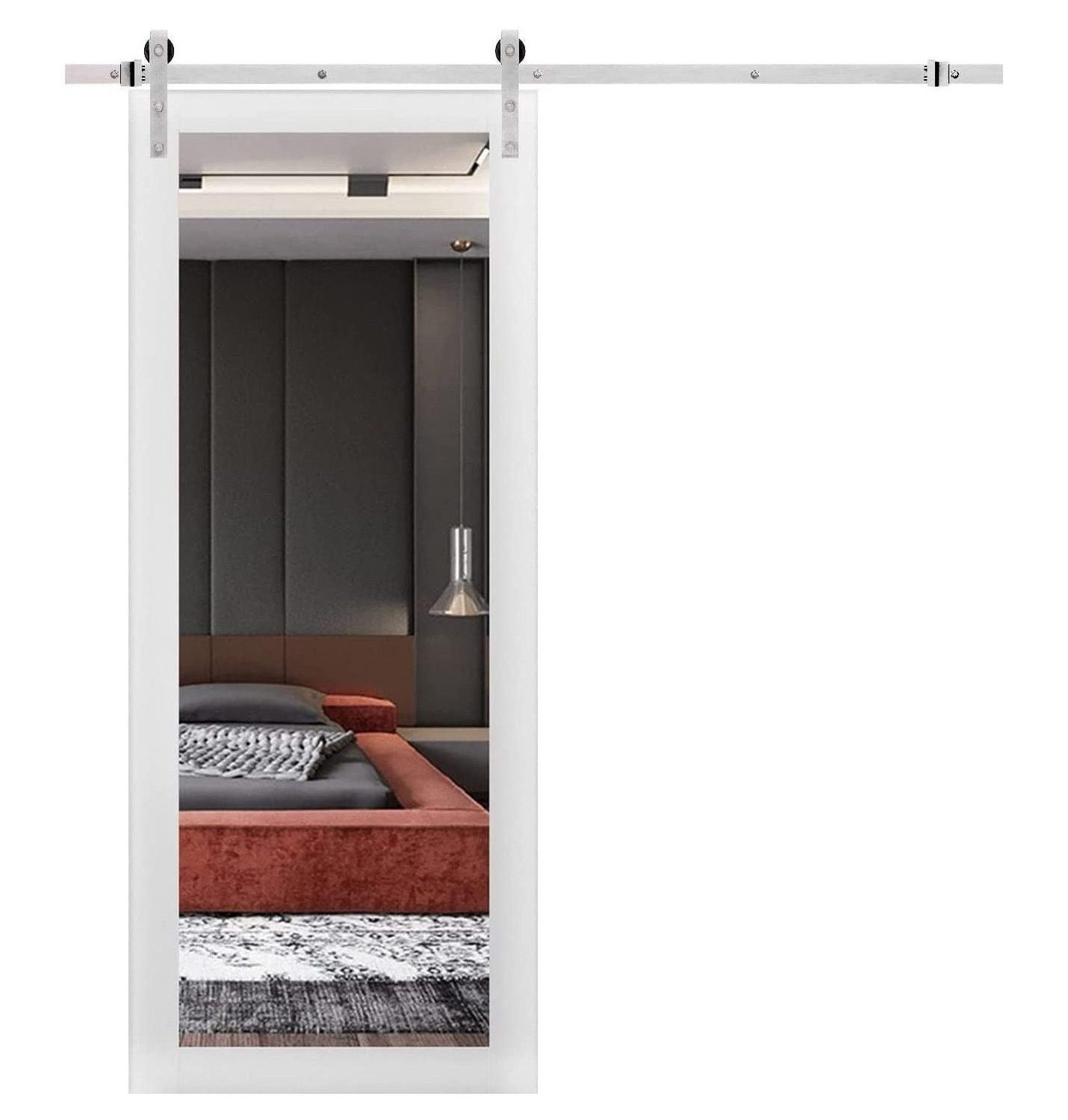 SARTODOORS LUC1299BD-S-WS-2496 24-in x 96-in White Silk Mirrored Glass MDF Single Barn Door (Hardware Included)