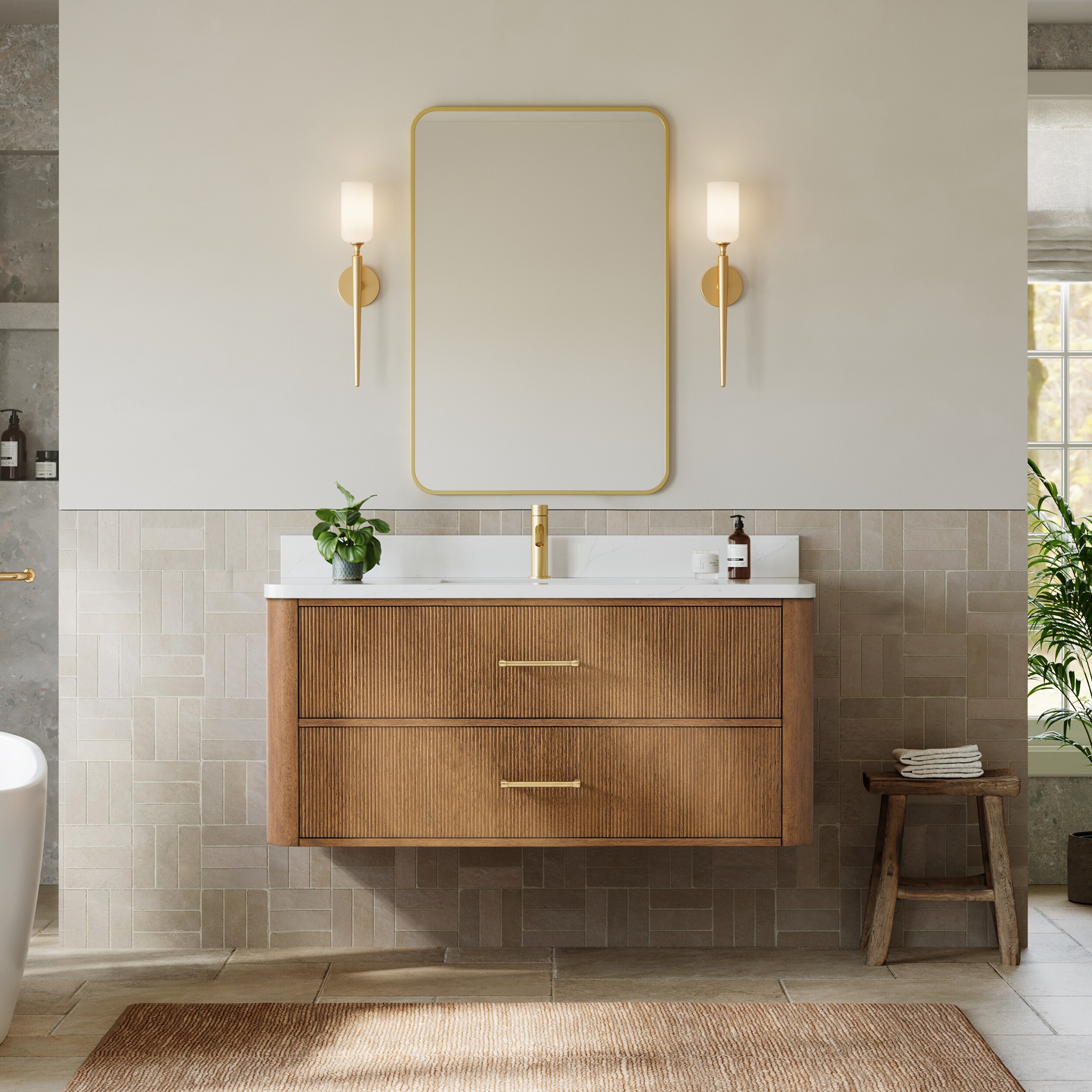 Wyndham Collection Francesca WM 48 Inch Single Wall Mounted Bathroom Vanity in Toasted Walnut, Rounded Giotto Quartz Countertop, Undermount Square Sink (1-Hole), Satin Bronze Trim