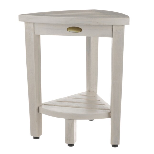 Compact Teak Corner Shower Stool with Shelf in Whitewash Finish Compact Teak Corner Shower Stool with Shelf in Whitewash Finish