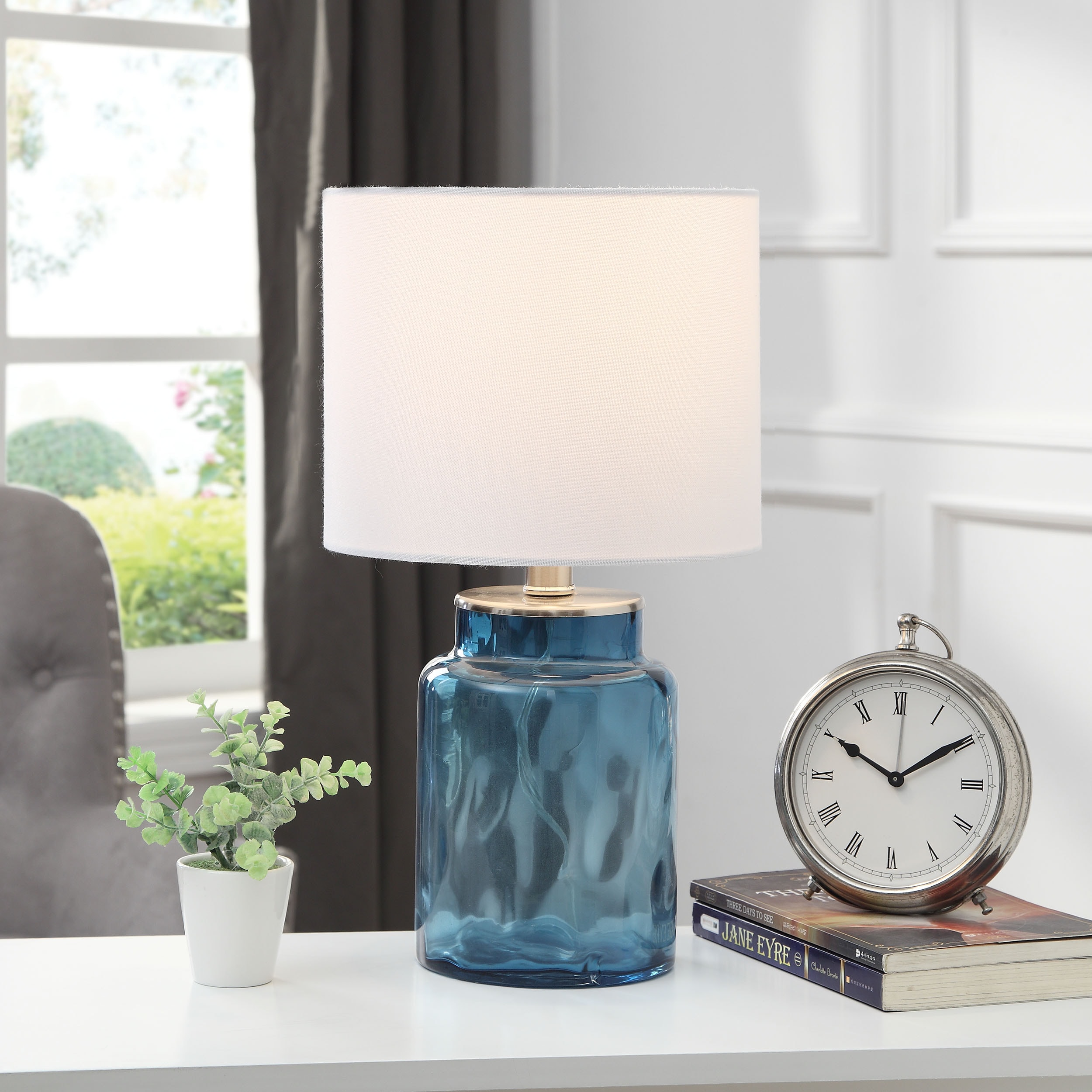 Ashburn 15'' Blue Glass Transitional Table Lamp with White Shade