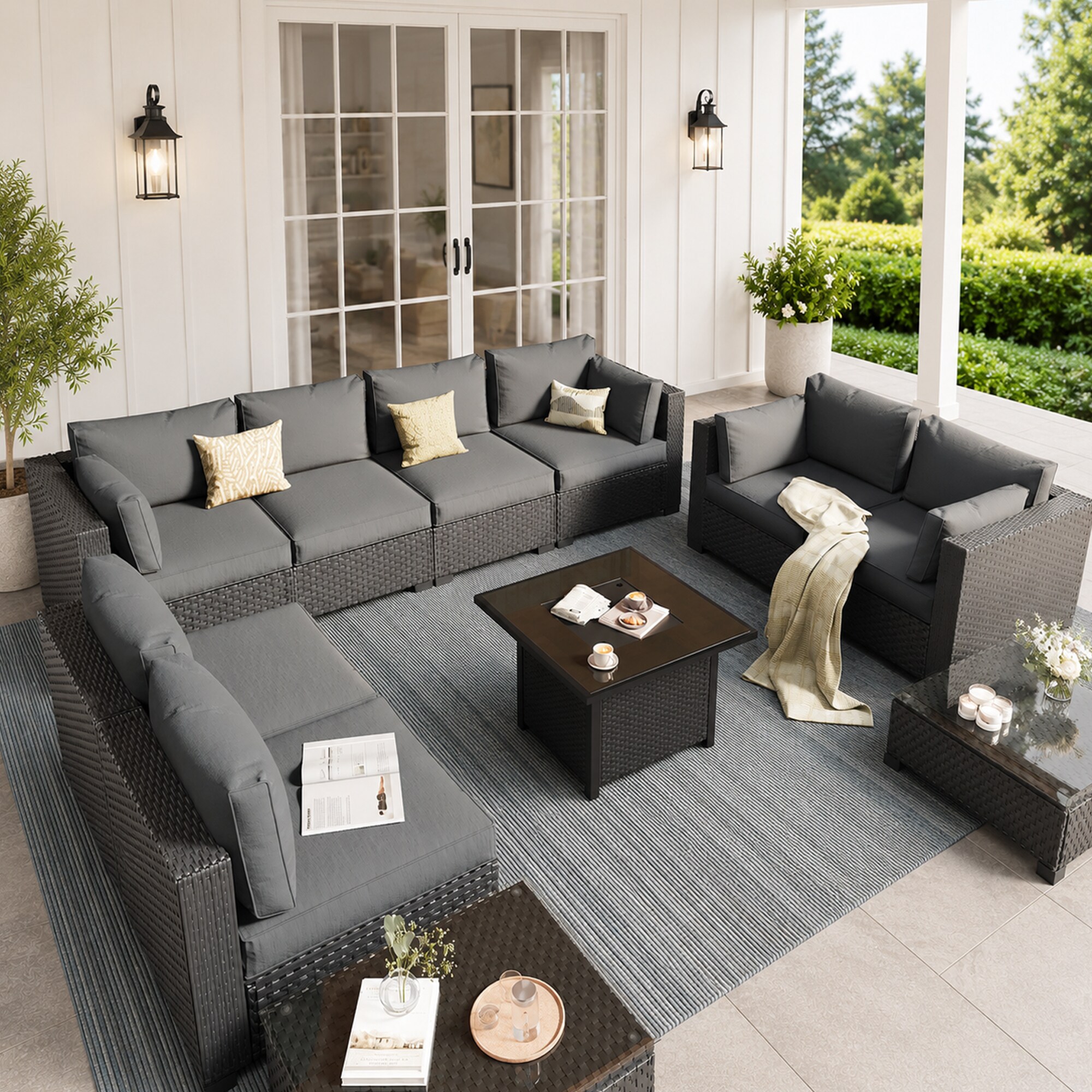 HYALON 10-Piece Wicker Outdoor Patio Conversation Sectional Seating Set with Middle Chairs and Dark Gray Cushions