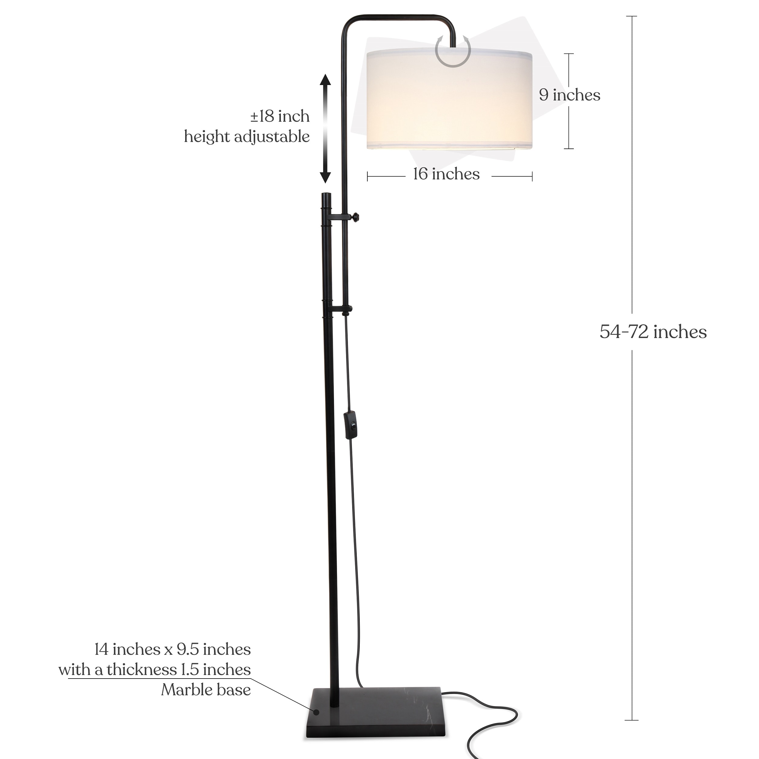 Leo Adjustable Black Arc Floor Lamp with White Fabric Shade