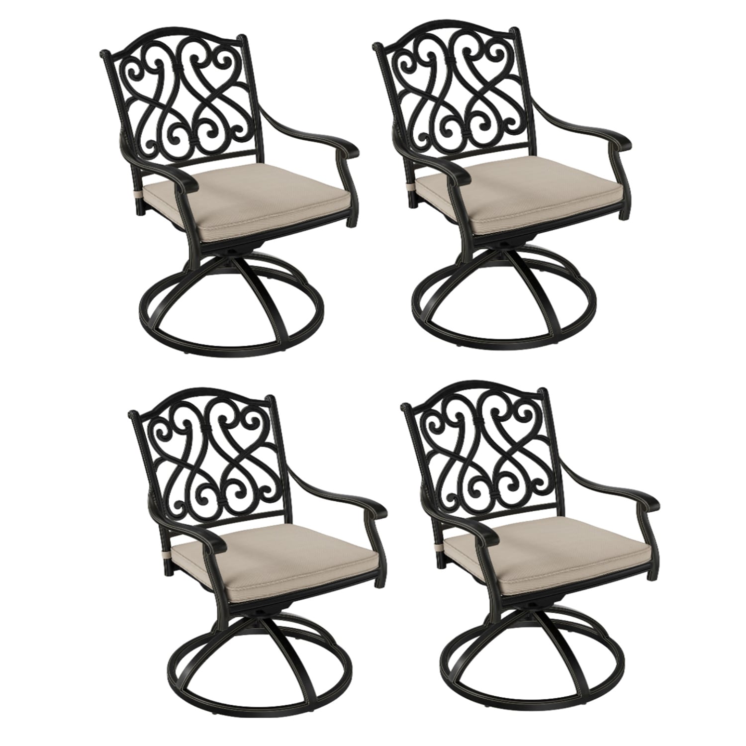 Mondawe 21OD011025OR-2 Cast Aluminum Set of 4 Black Aluminum Frame Swivel Dining Chair with Off-white Cushioned Seat