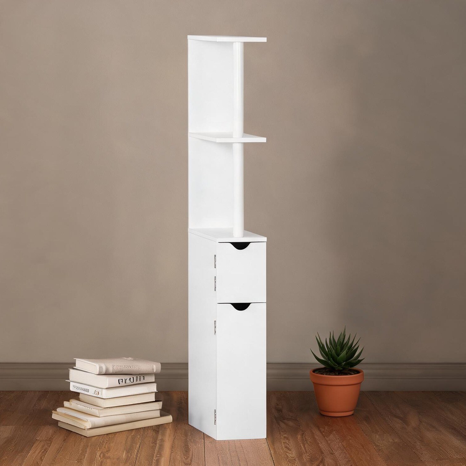 SunJet Clean White Narrow Bathroom Storage Cabinet with Open Shelves and Double-Door Compartment Modern Freestanding Design