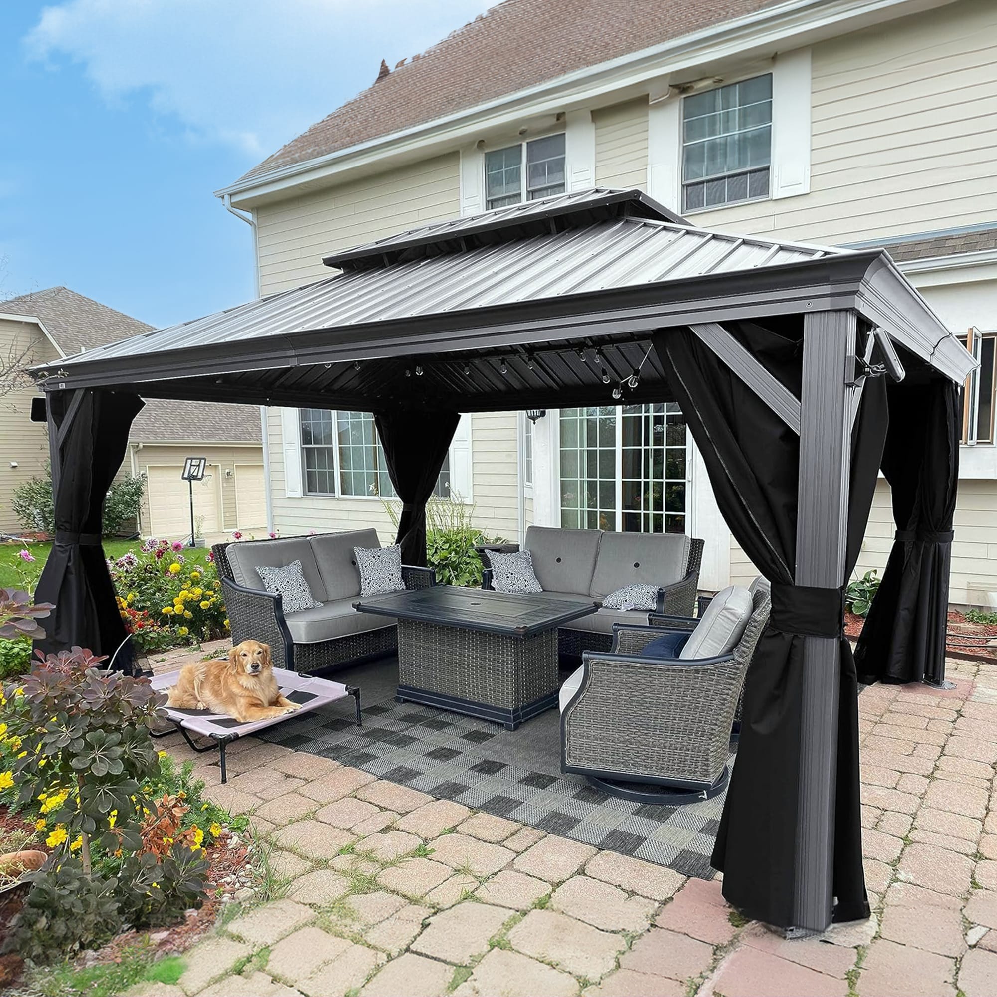 Light Gray 16' x 12' Aluminum and Steel Hardtop Gazebo with Curtains