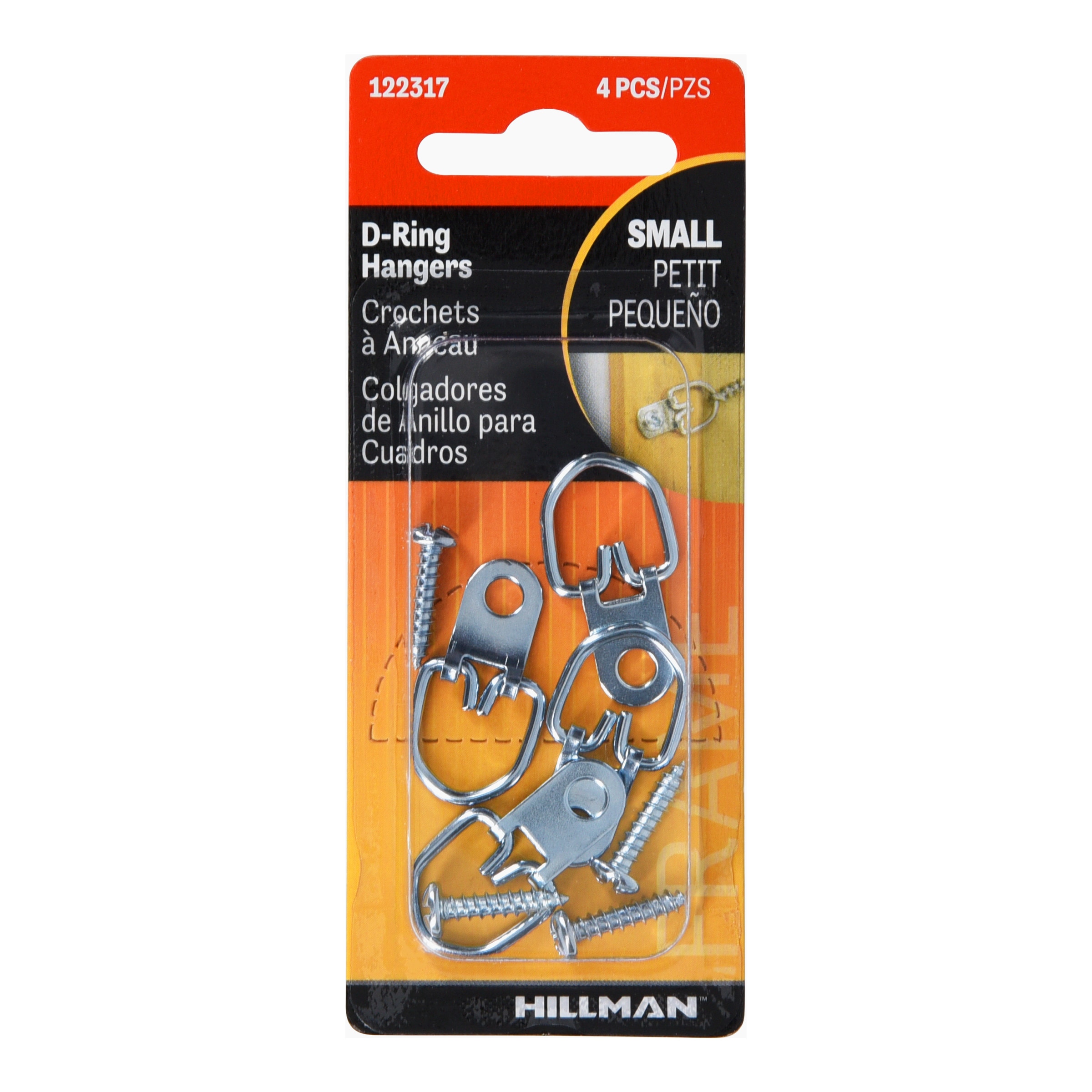 Hillman 20lb Small Steel D-ring Hangers 4 Pack in the Picture
