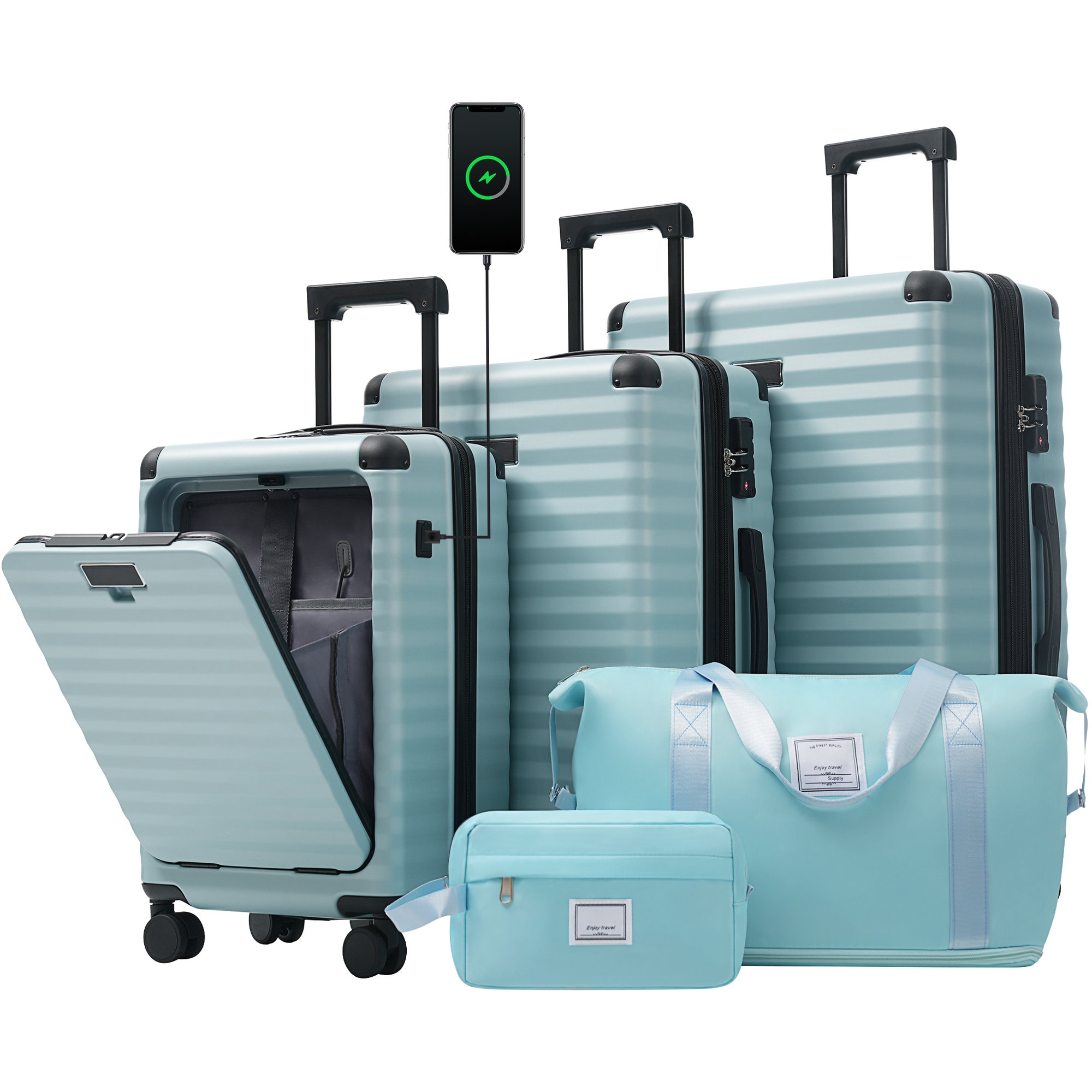 Misopily 5 Piece Luggage Set 20 Inch Carry On with USB Port Cup Holder 24 28 Inch Expandable Spinner Suitcases TSA Lock Duffel and Toiletry Bags