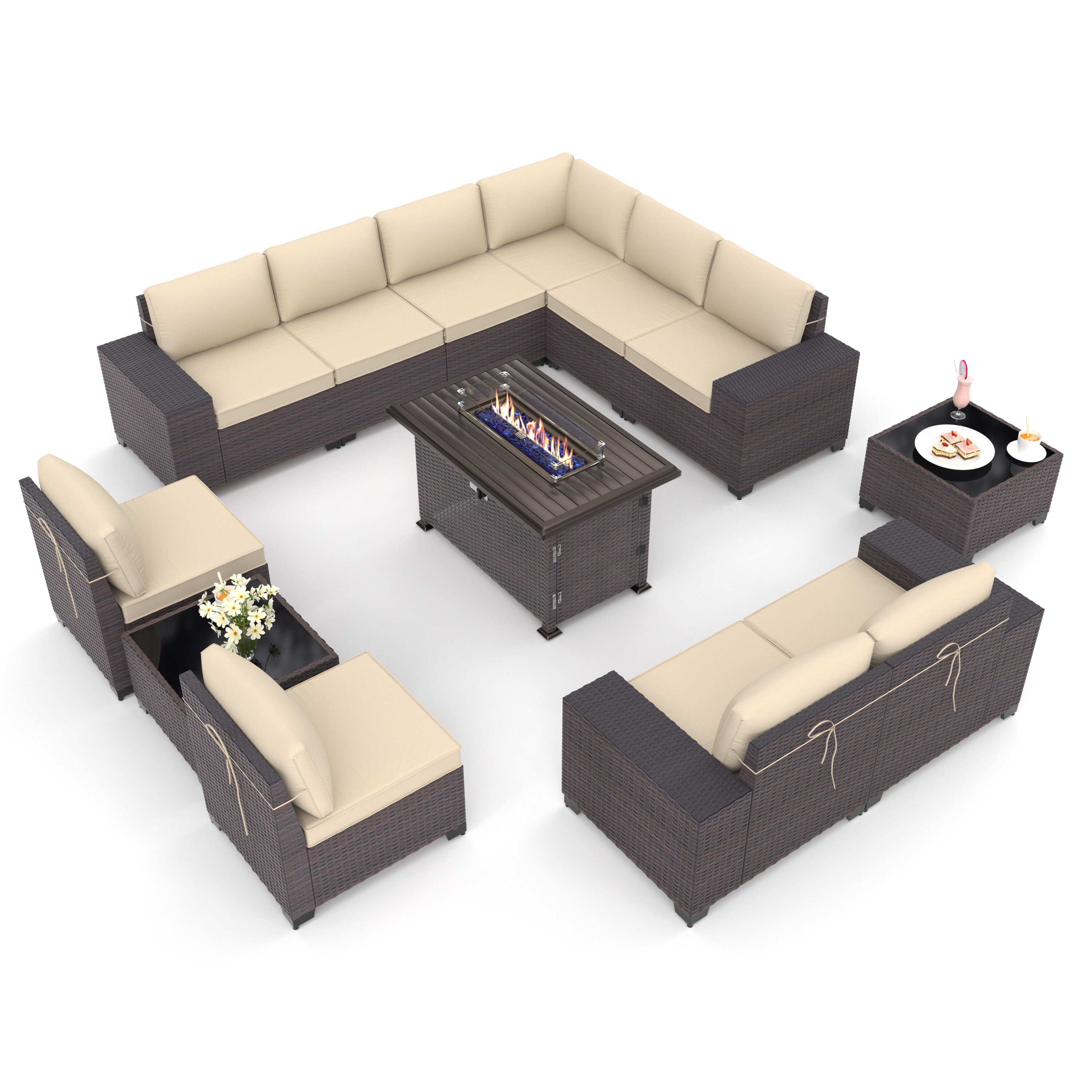 ALAULM LS-12PCS+FP-SAND 13 -Piece Wicker 2 Patio Sofa Conversation Set with Brown Cushions